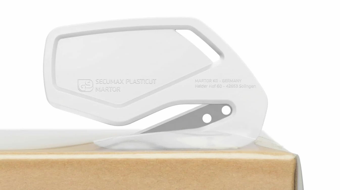 MARTOR 100 x Coltello di sicurezza, lama nascosta, SECUMAX PLASTICUT, coltello professionale Cutter, leggero, in plastica, Per mancini e destrorsi | Coltello sicurezza monouso, largo, occhiello, naso appuntito, per film & nastro adesivo, produzione. No. 4
