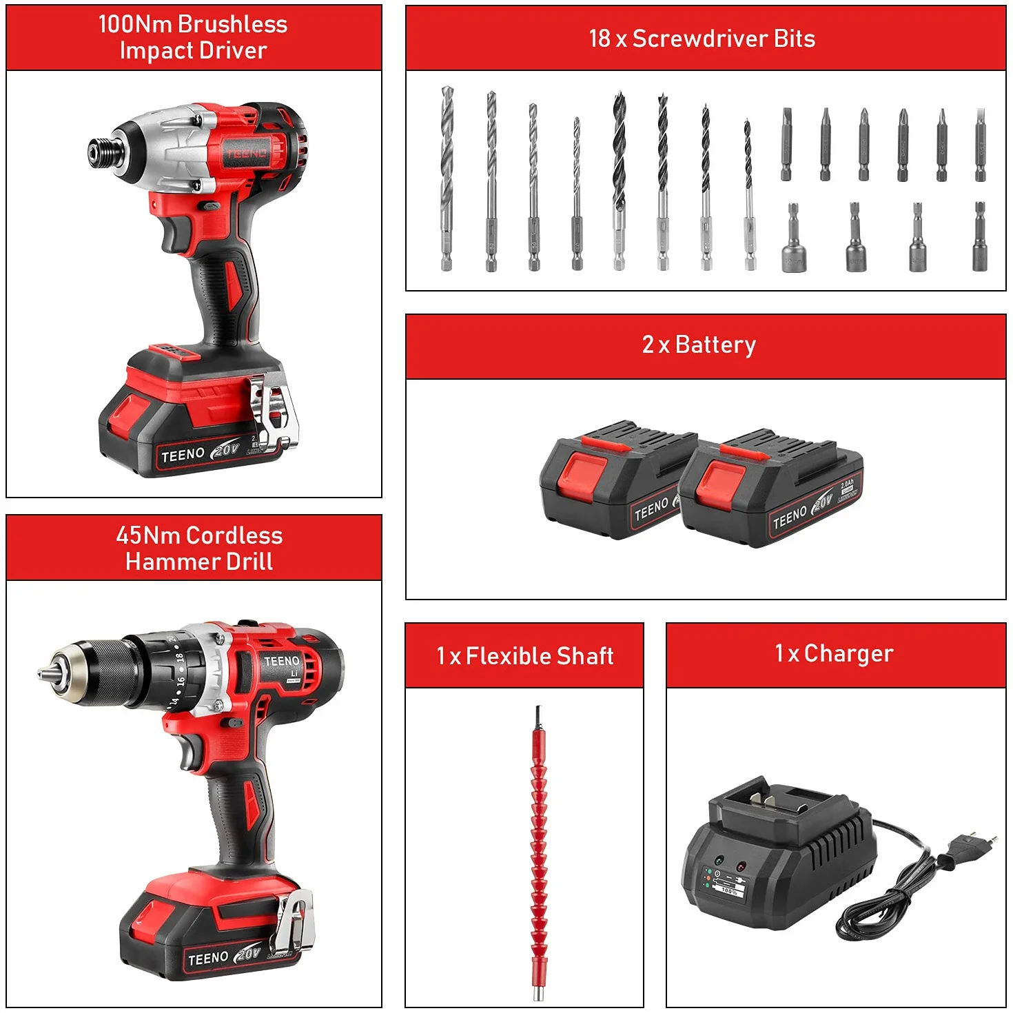 TEENO Kit 2-in-1 Trapano Percussore 45Nm Avvitatore a Impulsi 20V con Cassetta, 2 Batterie 2.0Ah, Caricabatterie Rapido, 25 Accessori