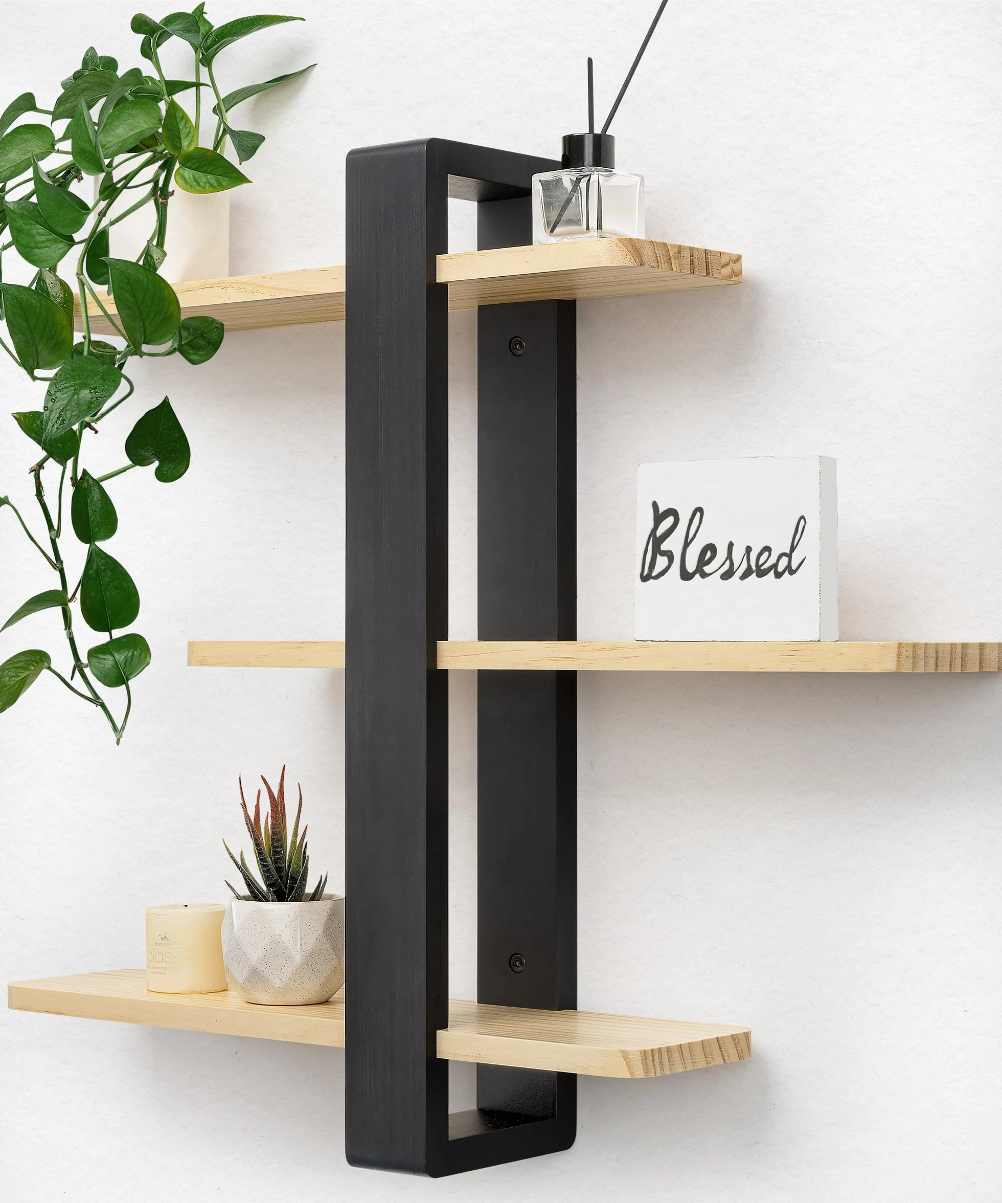 SUMGAR Mensole Sospese in Legno, Mensole Galleggianti, Mensole a Parete più Grandi, Pratici Scaffali Decorativi in Legno Massiccio per Soggiorno Camera da Letto, Ripiani Rimovibili, 50x58cm
