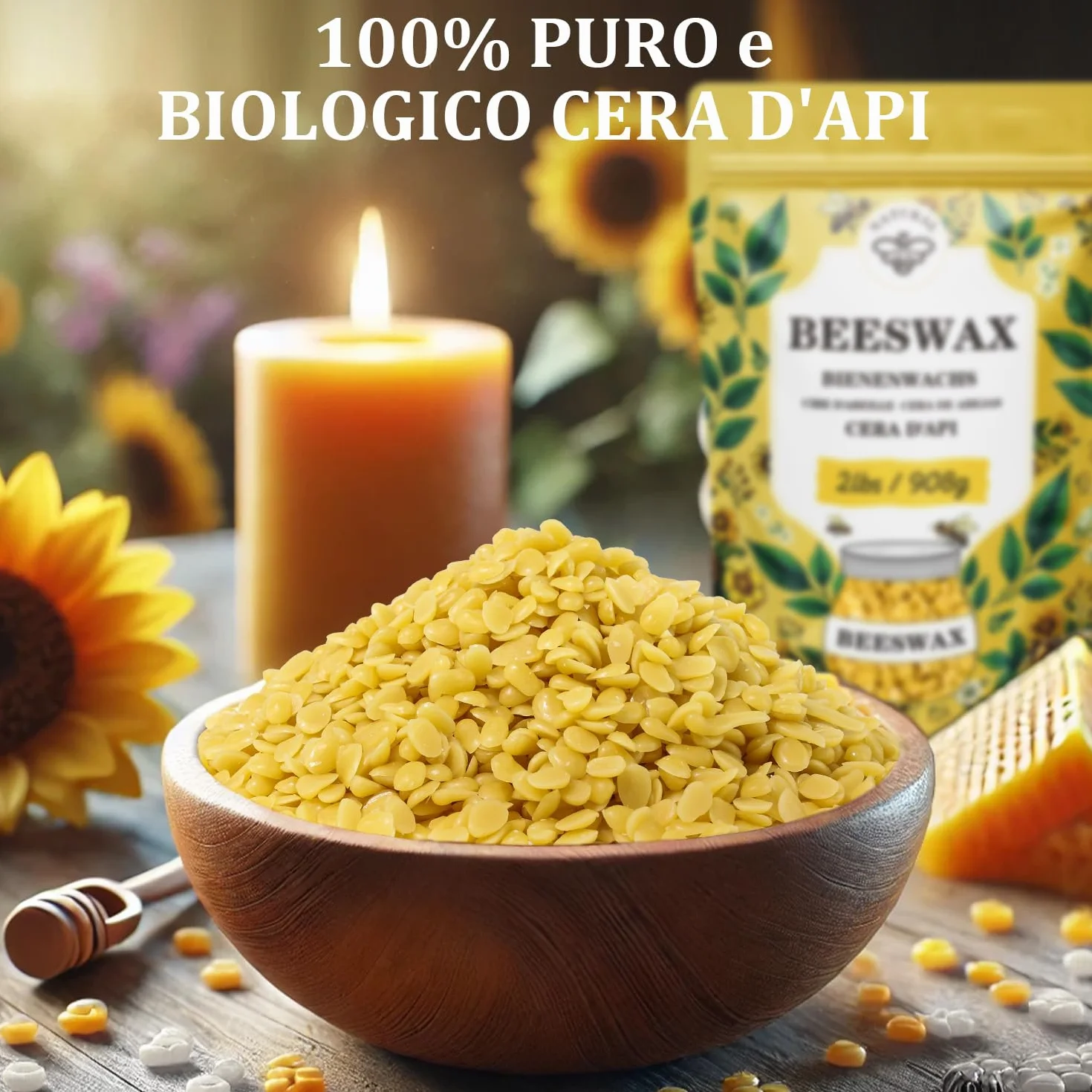 Cera D'api Gialla Biologica 200G, Cera D'api Gialla Pura e Naturale al 100% per La Cura Della Pelle Fai Da Te, Balsamo per Labbra, Smalto, Lozione, Sapone e Accessori per La Fabbricazione di Candele