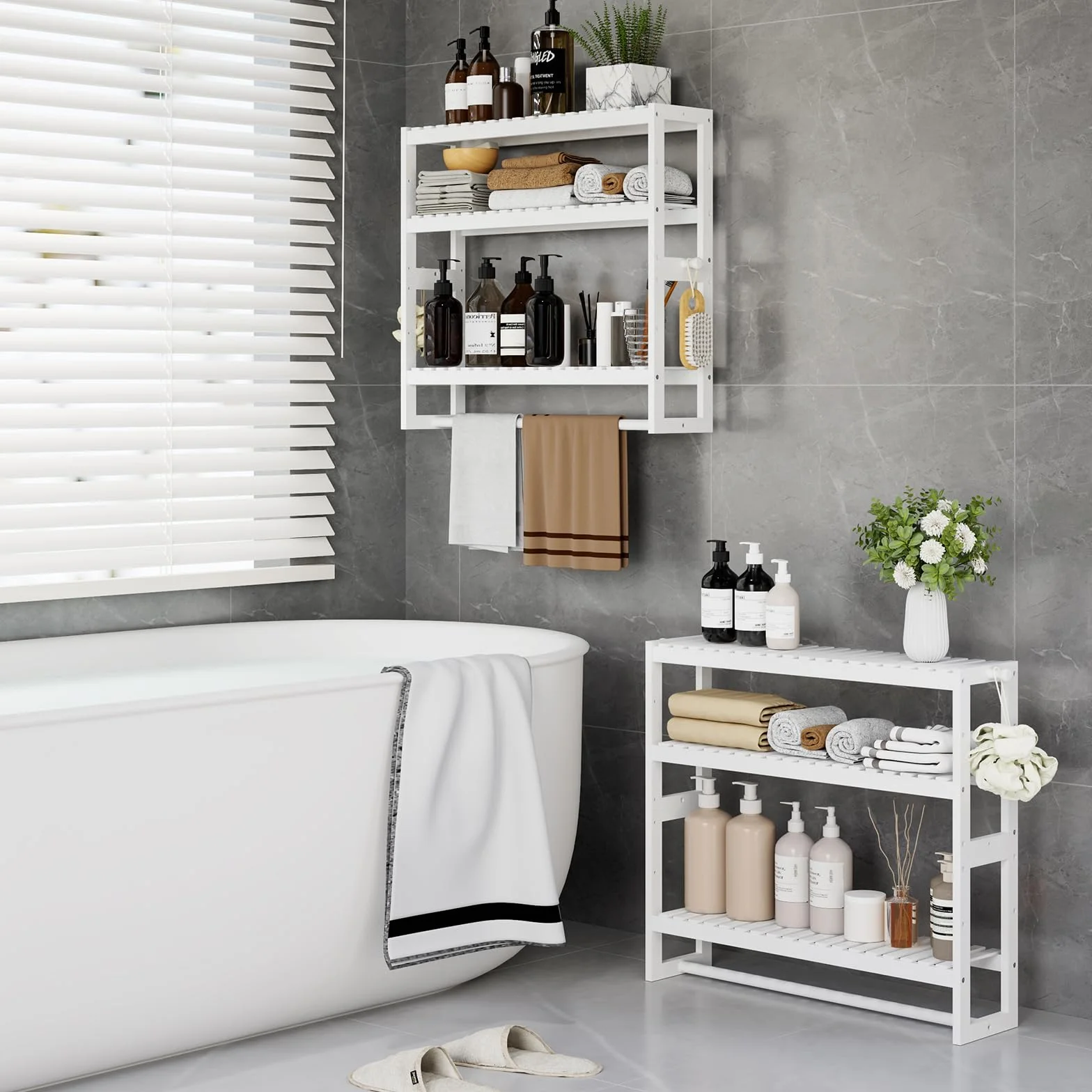 Mensola portaoggetti da bagno, 15 cm di profondità x 50 cm di larghezza x 53,2 cm di altezza, 3 livelli regolabili, montaggio a parete in bambù con barra, scaffale bianco, asta appendiabiti per bagno