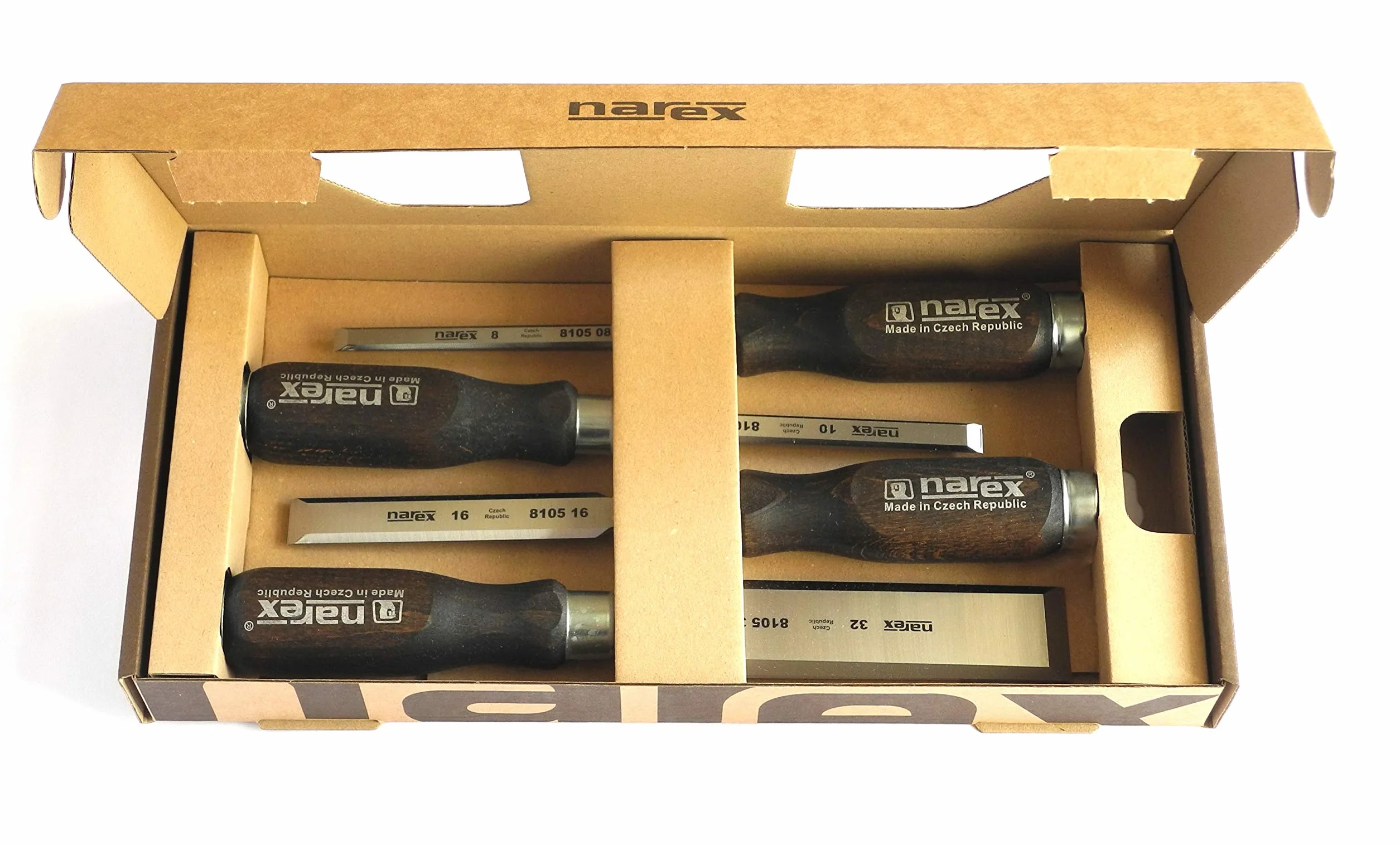 Narex - Set di 4 scalpelli con impugnatura scura (8, 10, 16, 32 mm) in acciaio al cromo manganese con lame forgiate e affilate, manici in legno verniciato e cerato