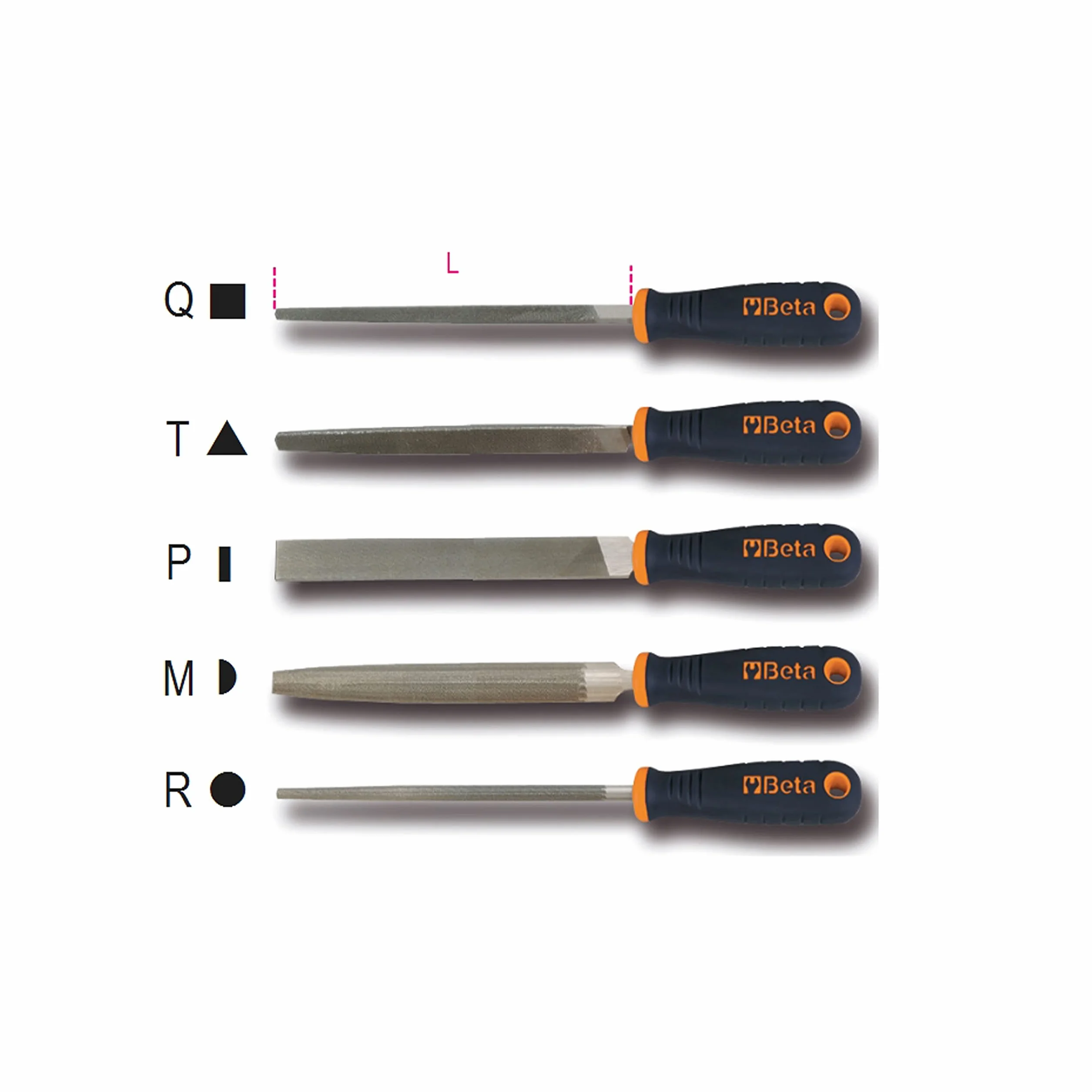 BETA - Set 5 Lime a Taglio Mezzodolce con Impugnatura Bimateriale Antiscivolo 200 mm, Serie Lime Professionali per Sgrossatura e Finitura Metallo Legno e Plastica, Manutenzione Tecnica, 1719BMA8/S5