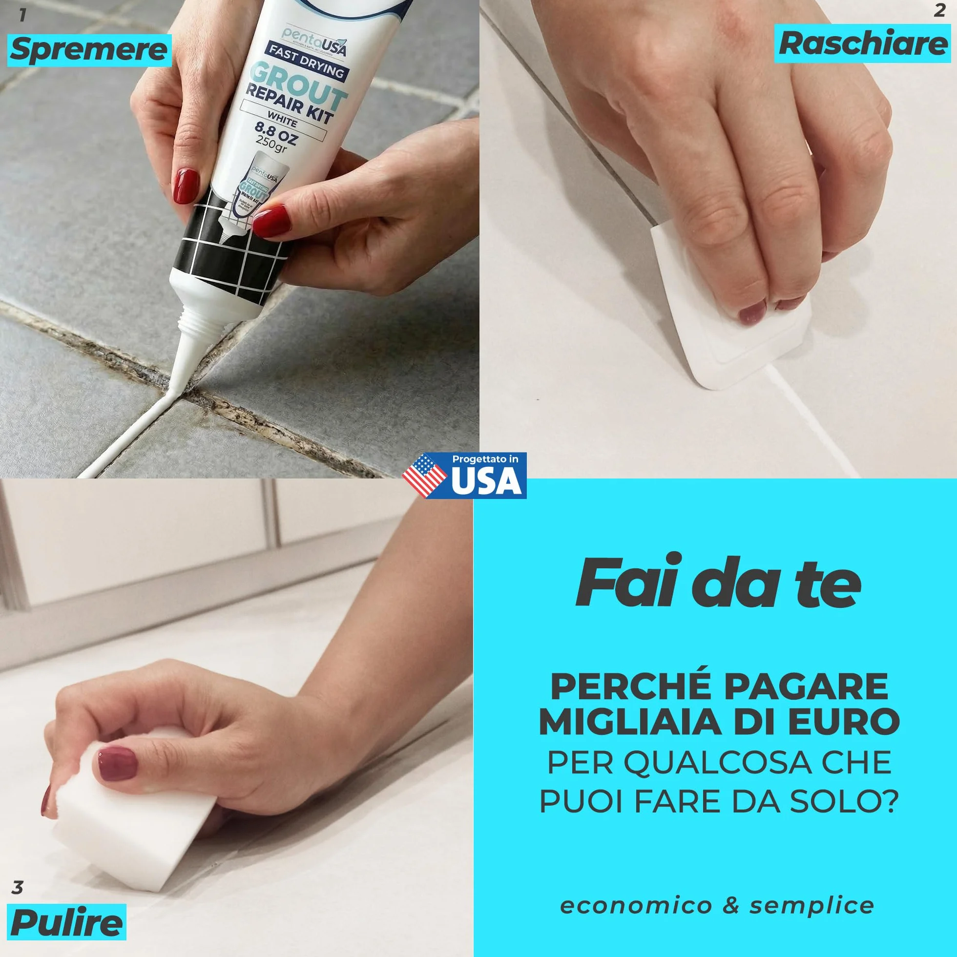 Riparazione Fughe Piastrelle - Tubetto Riempitivo Ripara e Rinnova, Malta per Piastrelle, Asciugatura Rapida + Raschietto, Stucco inodore - 250gr (Bianco)