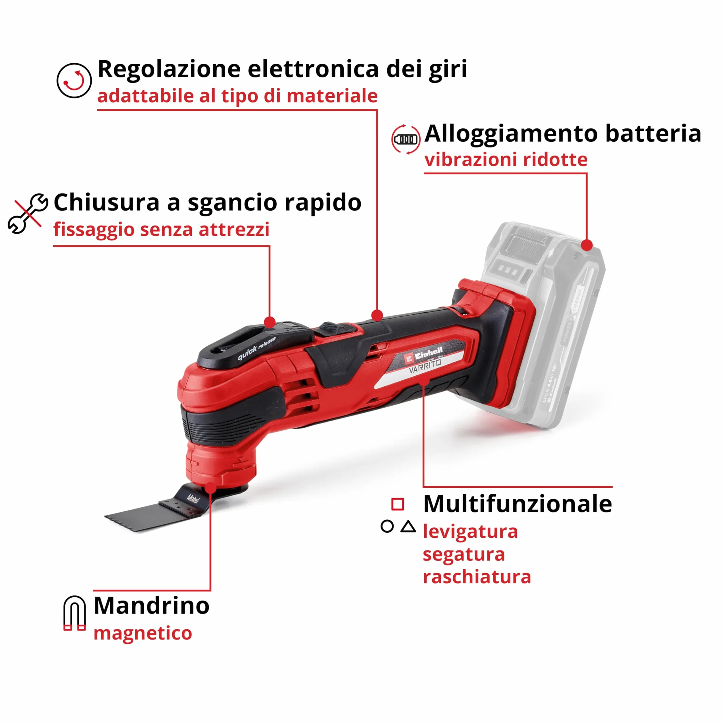 Einhell Utensile Multifunzionale a Batteria Varrito Nero Rosso