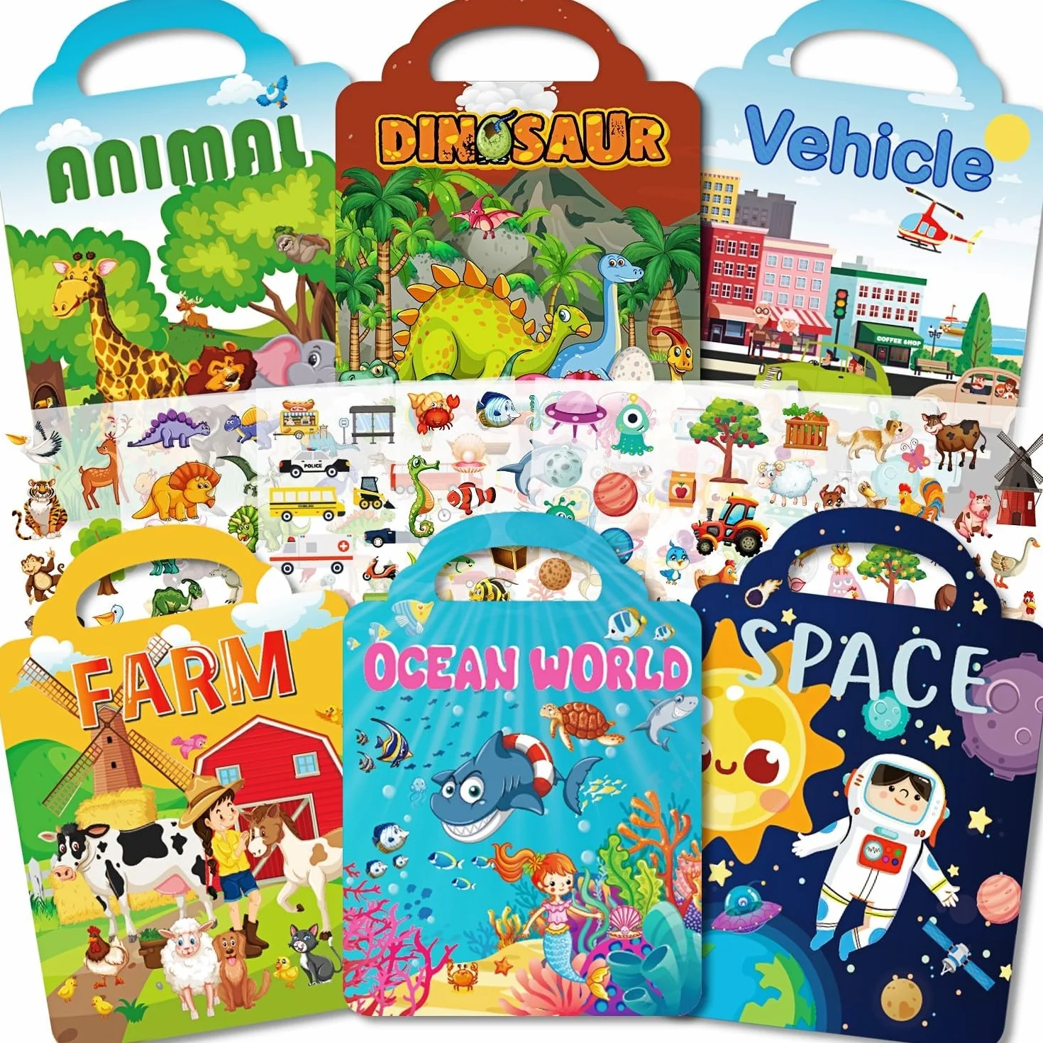 Libro adesivo riutilizzabile Farma+ per bambini 1-4 anni: 6 set di adesivi gonfiati - animale, dinosauro, mondo marino, spazio, veicolo