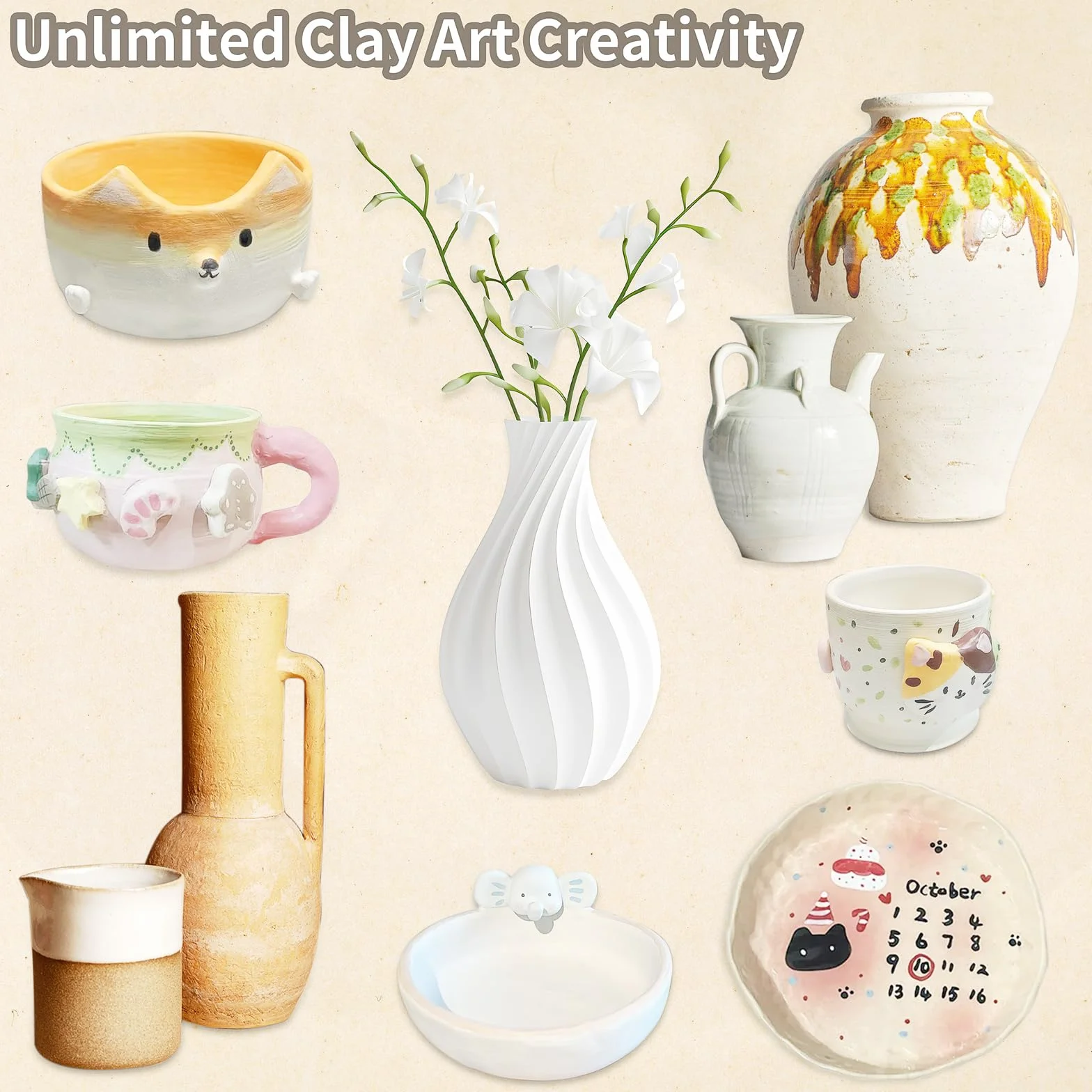JelyArt Ceramica Fai da te Kit Argilla Senza Cottura Fai da te Creativo Adulti Include Argilla,Strumenti per Scolpire, Vivaci, Vernice, Timbri Alfabetici e Guida