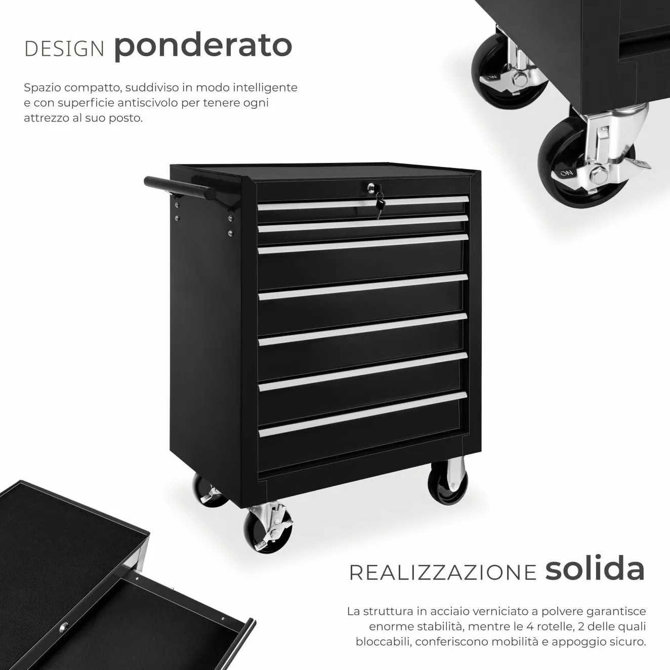 Tectake Carrello Portautensili 7 Cassetti con Ruote Nero