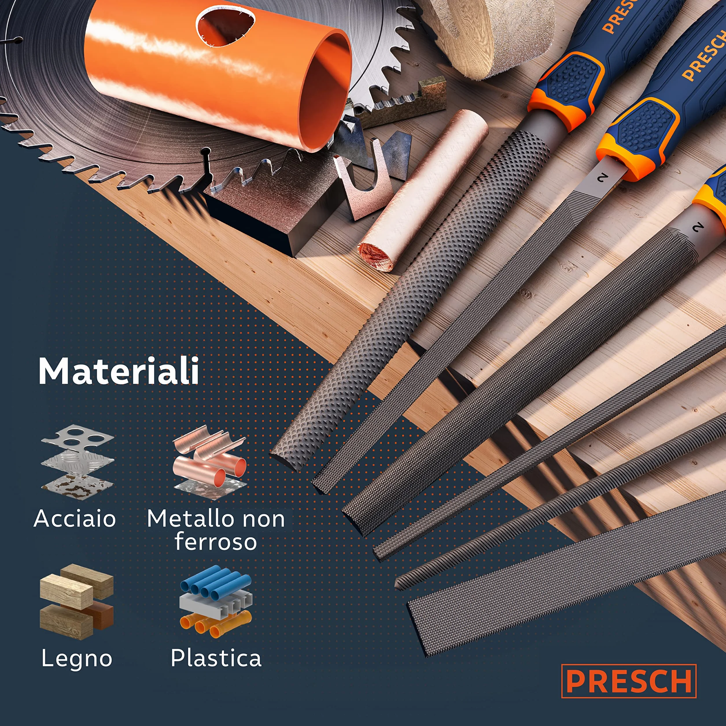 Presch Set di lime per legno e metallo 6 pezzi incl. borsa - Set di lime incl. raspa semitonda, lima piatta per ceppi, lima semitonda, lima rotonda, lima triangolare e lima quadrata
