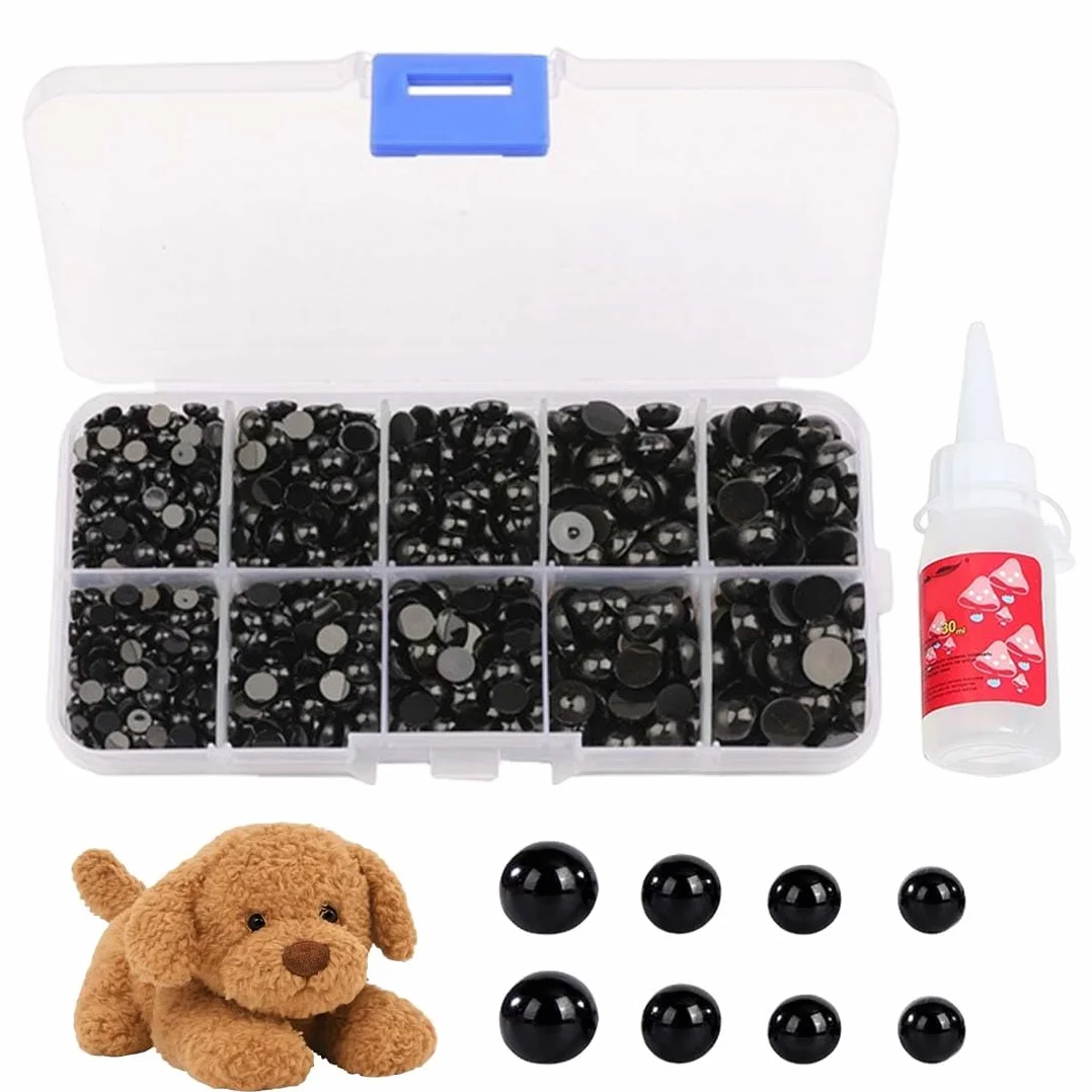 UIEXAY1400 Pezzi Occhi per Amigurumi Occhi a Fondo Piatto Adesivo Incollaggio Occhi a Bottone di Plastica per Bambole Peluche e Artigianato di Orsacchiotti 30ml Colla (Nero)