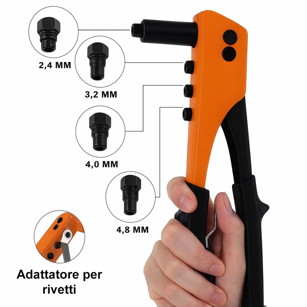 Rivettatrice Manuale Professionale in Acciaio con 4 Adattatori 2.4-4.8 mm
