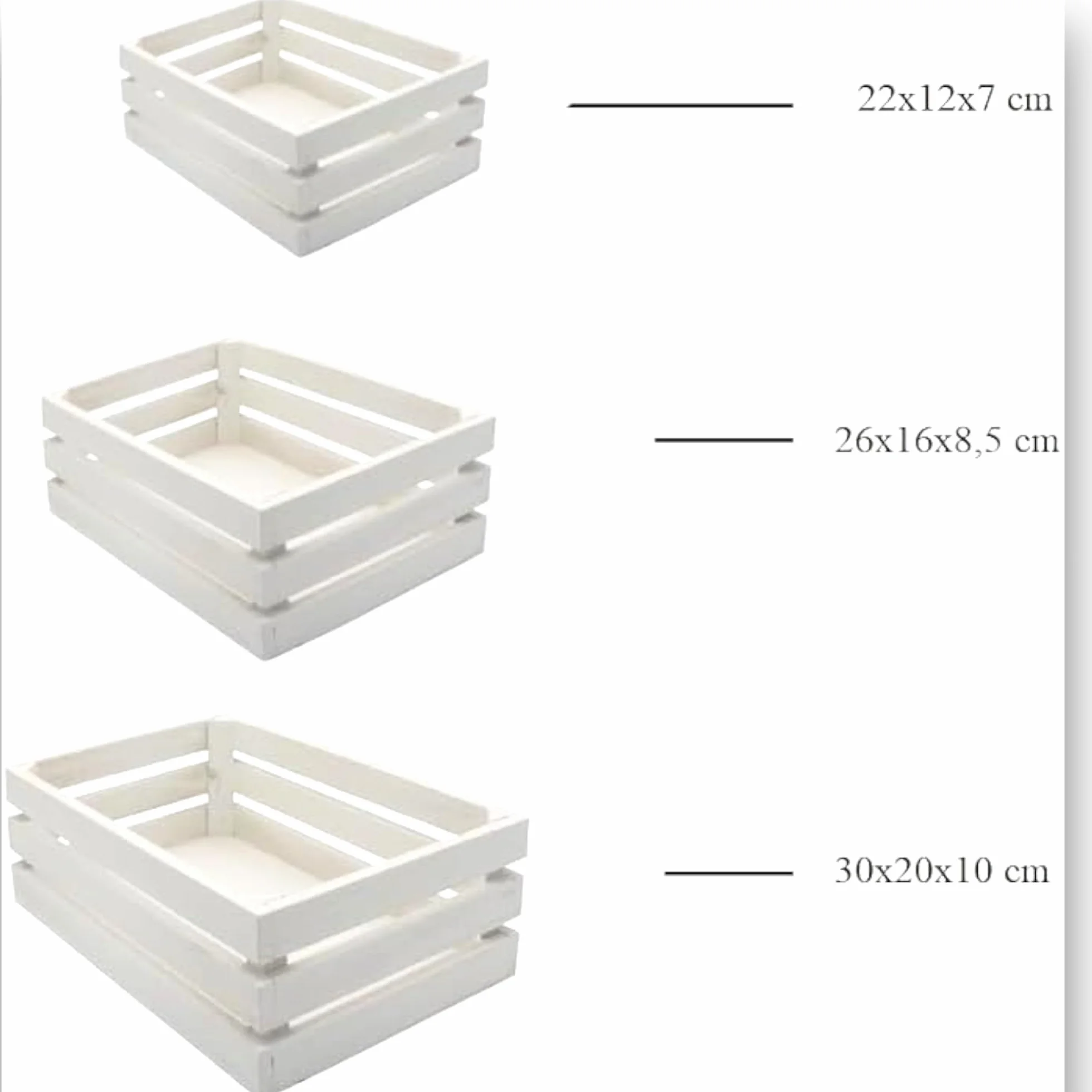 Generico Set 3 Cassette in Legno Bianco Impilabili, misure 22x12x7cm, 26x16x8,5cm, 30x20x10cm, Cestini Portaoggetti Decorativi con Maniglie, Scatola organizer per camera, cucina, bagno