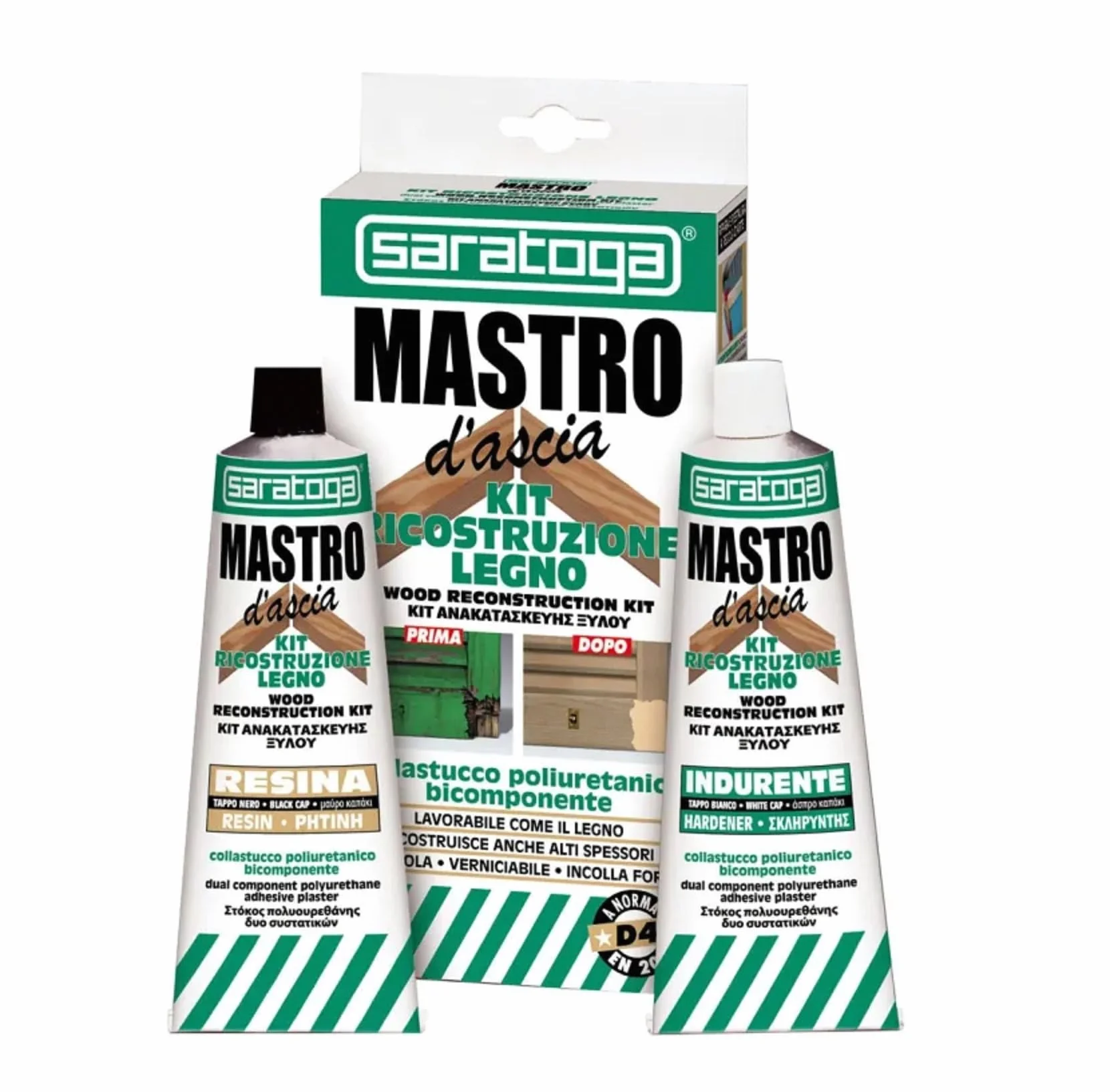 SARATOGA Mastro D'Ascia, Kit Ricostruzione Legno, Adesivo Poliuretanico Bicomponente Extra Forte, Non Cola, Verniciabile e Carteggiabile, Ripara, Ricostruisce e Incolla Come il Legno Originale