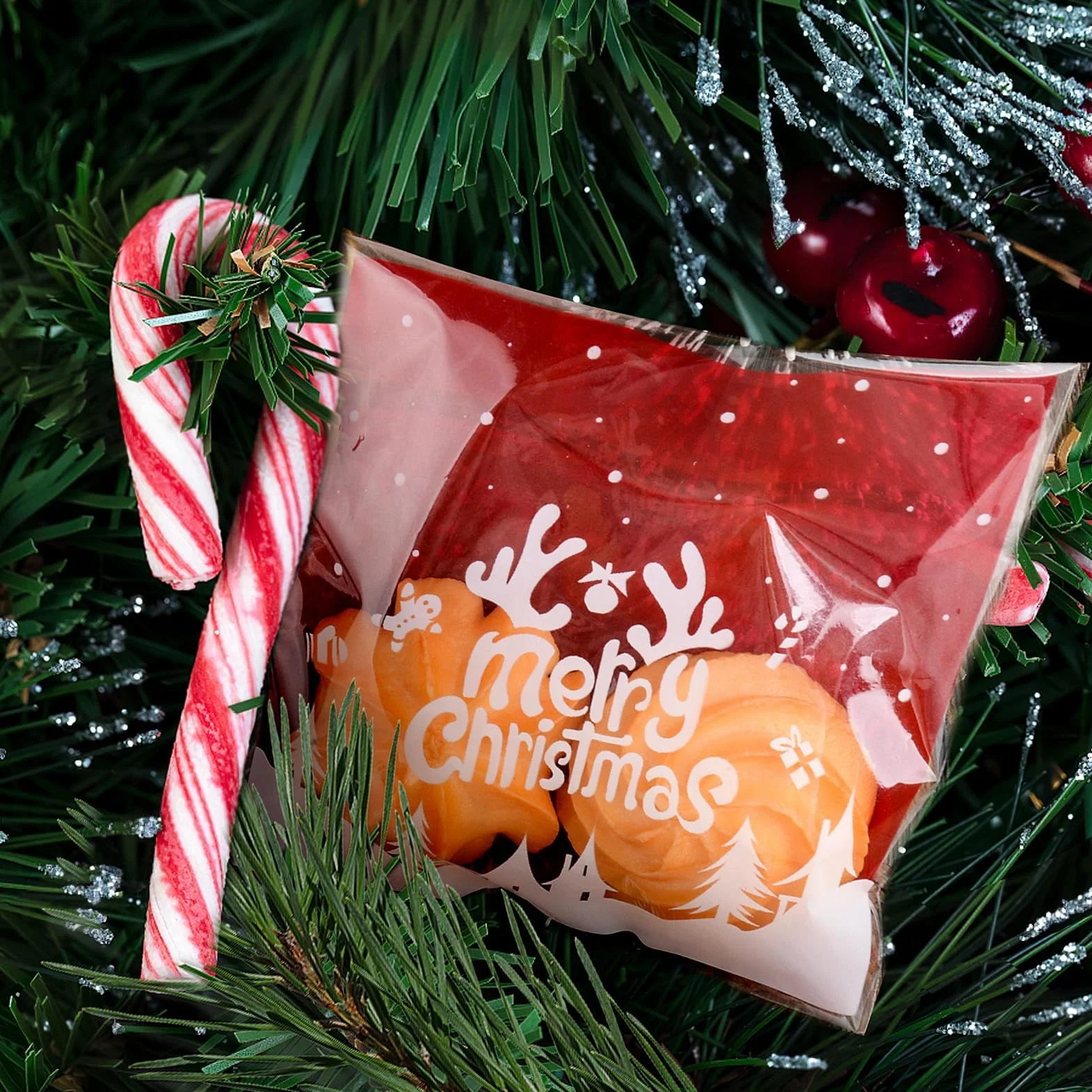 100Pz Sacchetti Natalizi Autoadesivi Sacchetti Cellophane Trasparenti Plastica Sacchetti da Regalo Natale Bustine per Confetti Decorazioni Natalizie Caramelle Biscotti Cioccolati Gioielli (C)