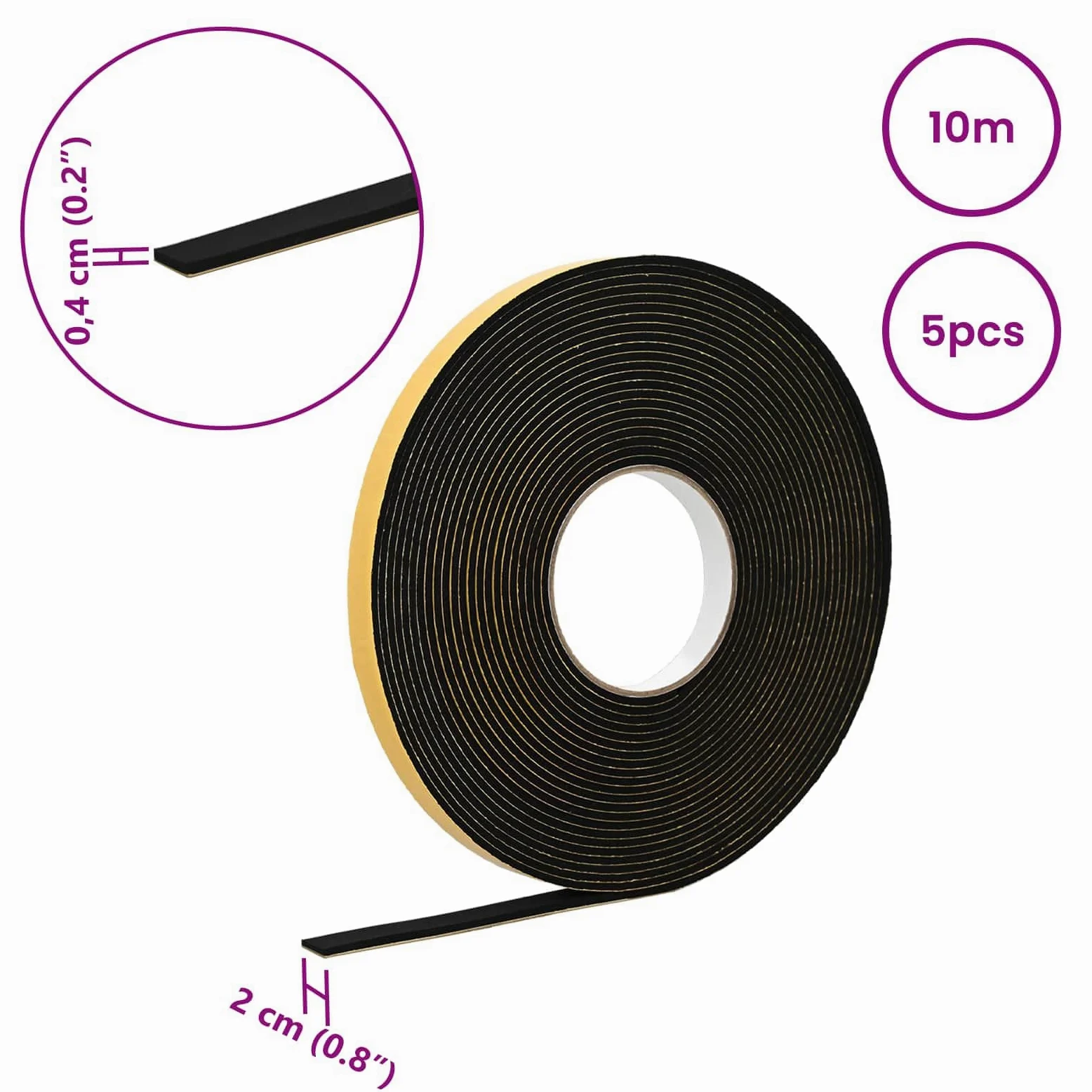 vidaXL Confezione da 5 nastri rotondi in schiuma CR, 20 mm x 10 m, mantiene l'umidità, efficace e universale isolamento