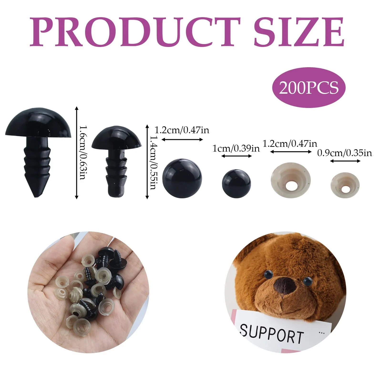 200 Tappi di Sicurezza da 6 a 12 mm, con Occhi di Sicurezza, per amigurumi, Giocattolo Fai da Te