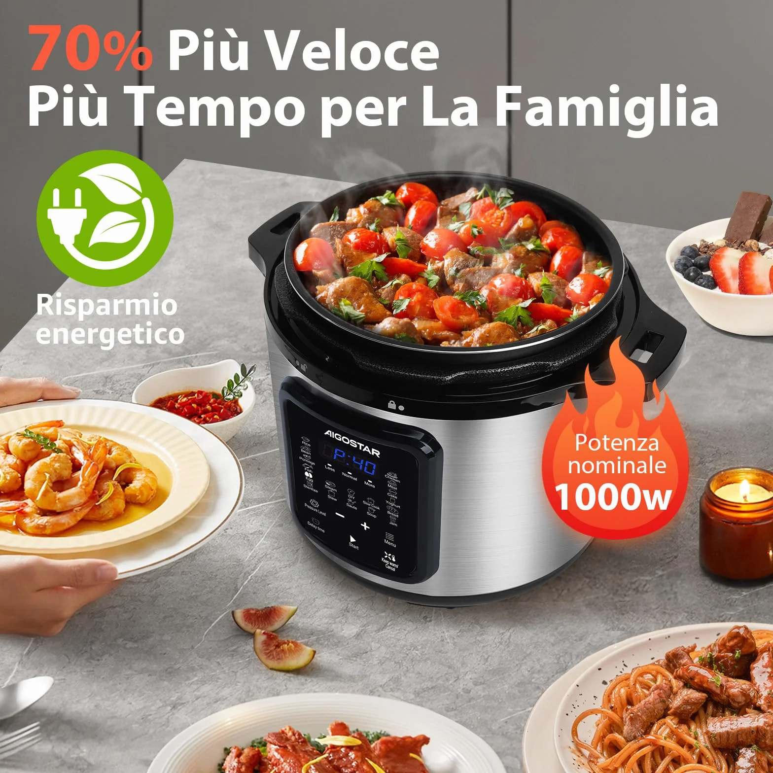 Aigostar Pentola a Pressione Elettrica 6L 1000W, 18 Programmi Automatici, 3 Livelli di Pressione Regolabili, 24H Timer, Funzione Mantieni Caldo, Display LED, Interno Antiaderente, Sliver