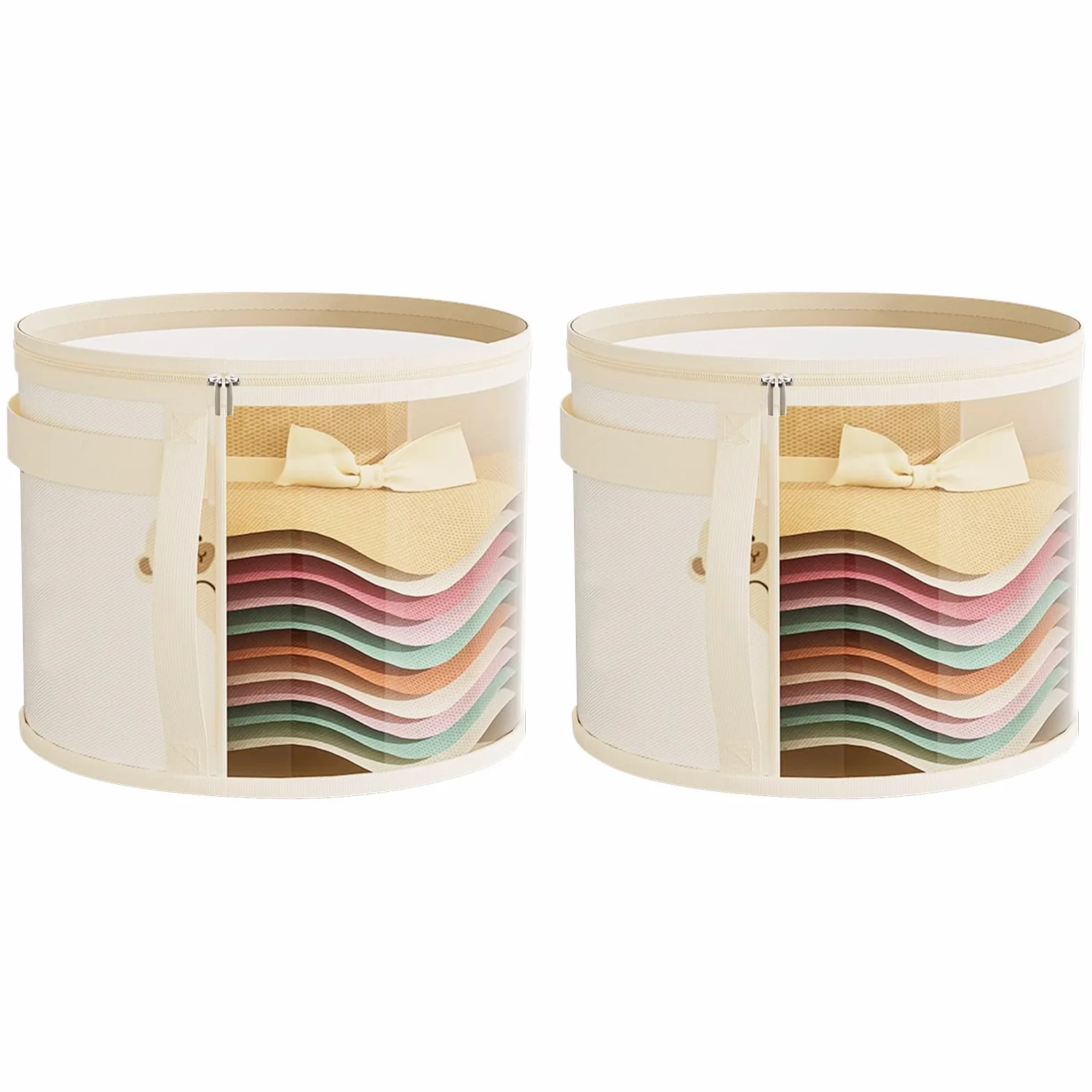 Cappelliera Rotonda con Coperchio, Scatole per Cappelliere Rotonde con Cerniera, Contenitore Per Cappelli Pieghevole, Porta Cappellini Grande per il Guardaroba o per il Viaggio, 2 Pezzi, Beige