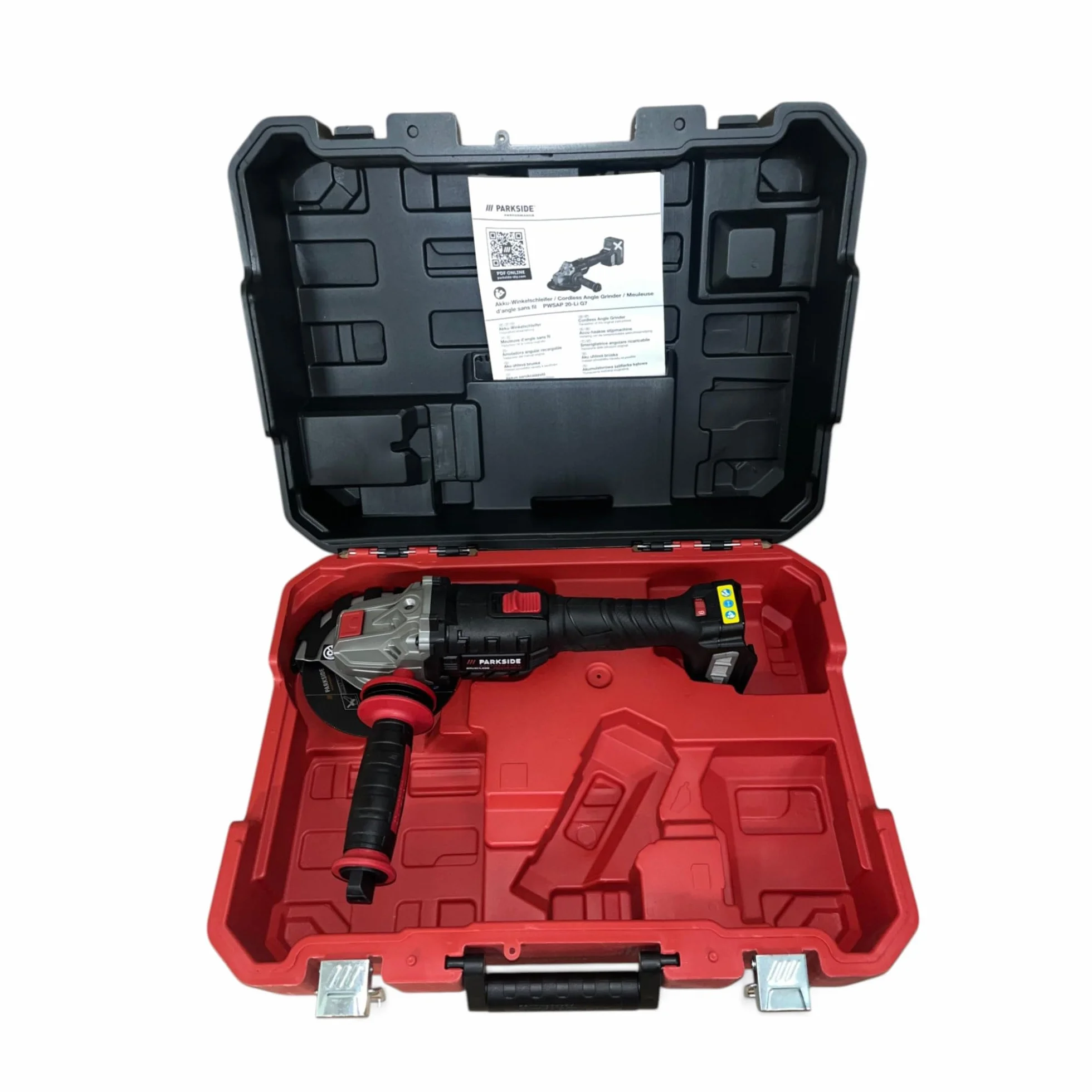 Parkside - Smerigliatrice angolare senza fili, Parkside Performance X20V PWSAP 20, senza spazzole/brushless, senza batteria, senza caricabatterie, con valigetta per il trasporto