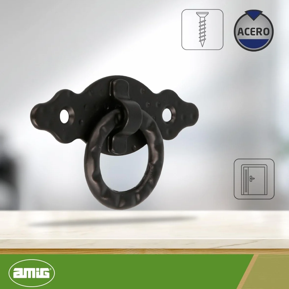 Amig - Maniglie Per Mobili Orizzontale - Modello 1000 - Acciaio - Ferramenta Rustica - 80x28x1,5 mm - Con Anello e Placca Puntinata - Finitura: Nera