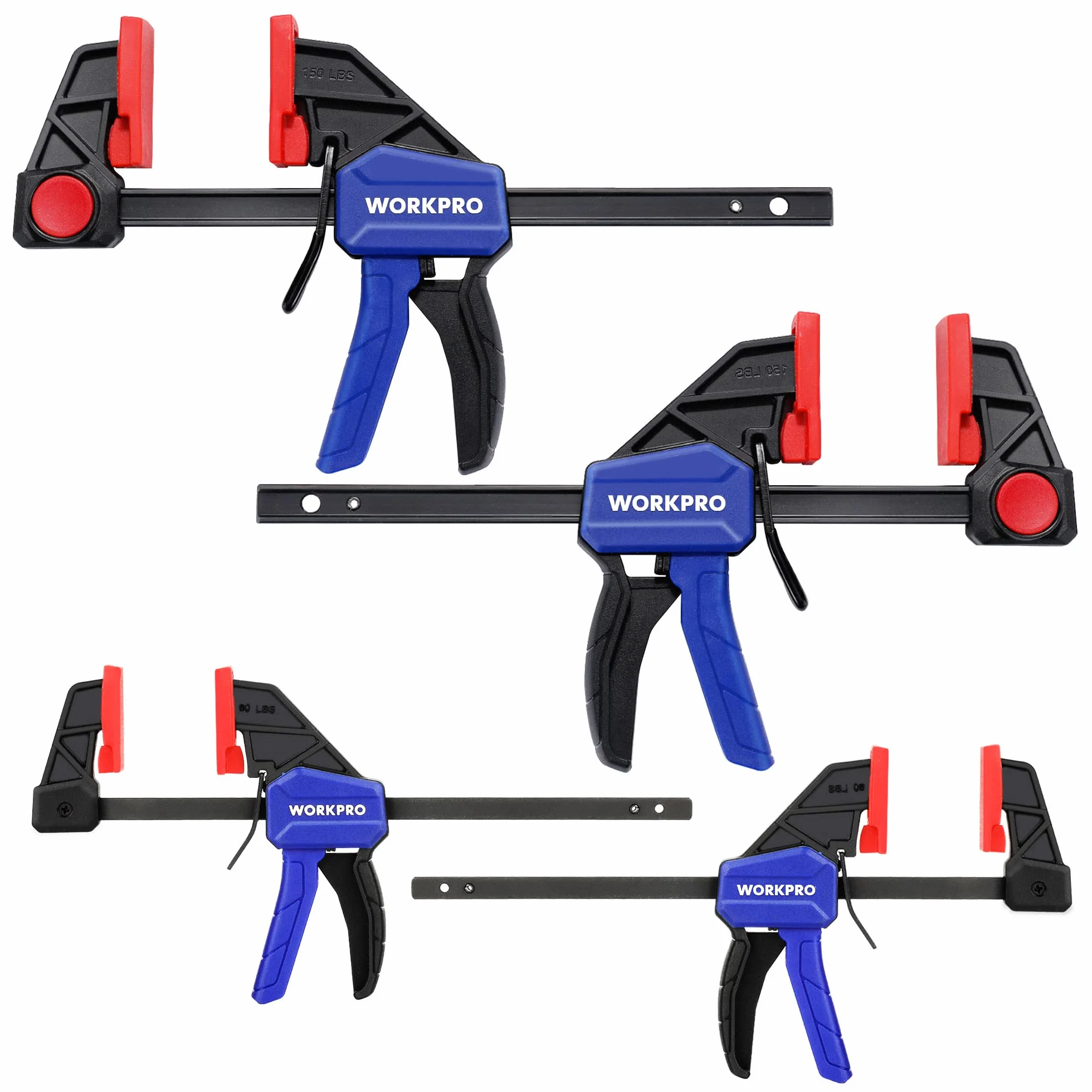 WORKPRO Set di Morsetti da Falegname a 4 Pezzi, Morsa Regolabile con Apertura 120/150 mm, Estensibilità 200/285 mm, Forza di Serraggio 23/68 kg, Realizzati in Acciaio e Nylon per una Fissaggio Preciso