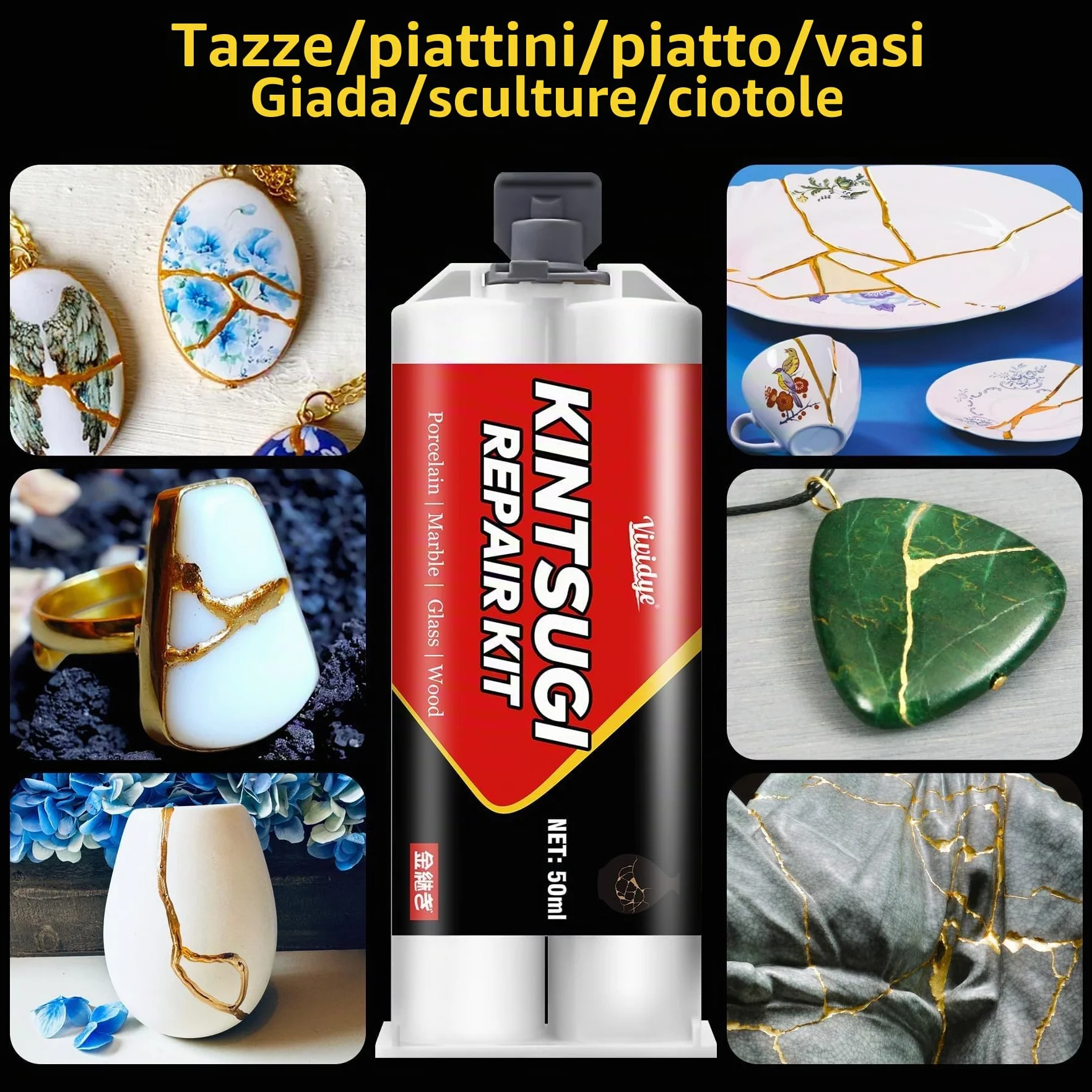 Kit di Riparazione Kintsugi 50ml - Colla Ceramica Abbinata a Polvere Dorata e Argentata per Ciotole e Vasi, Sicurezza della lavastoviglie kit kintsugi per Riparazione Perfetta di Oggetti Significativi