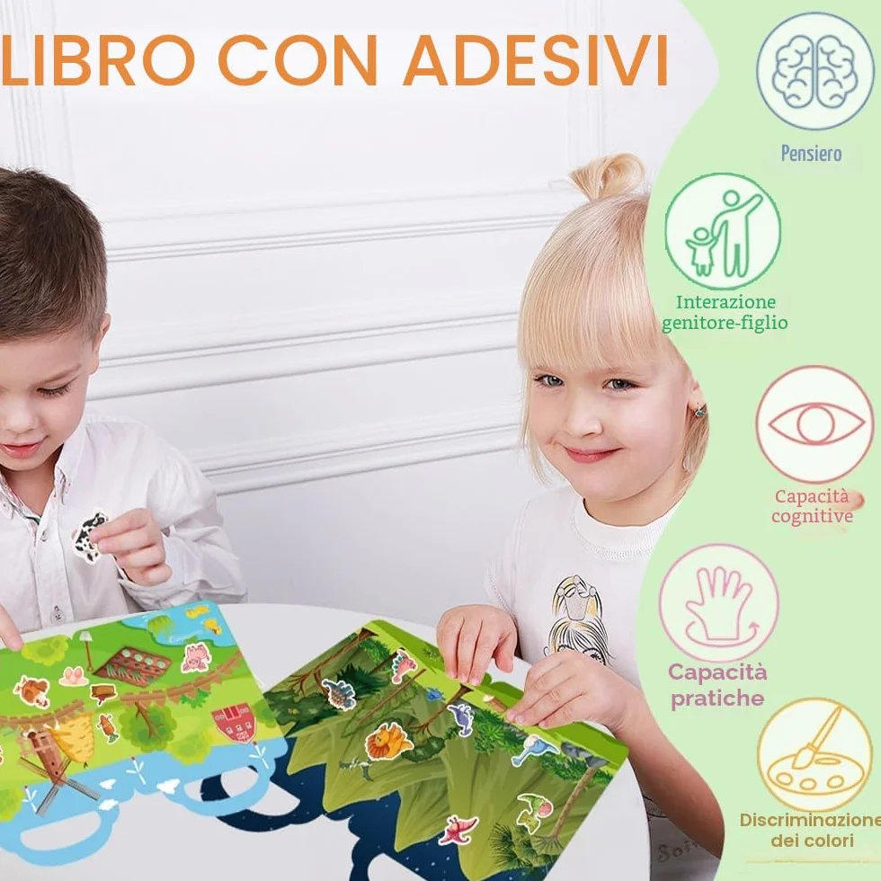 6 Pezzi Libri Stickers Bambini Attacca Stacca Per 2 3 4 5 Anni, Libro Di Adesivi 3D Riutilizzabili Per Bambini include Animali,Fattoria, Dinosauri,Animali Del Mare, Insetti, Parco Divertimenti