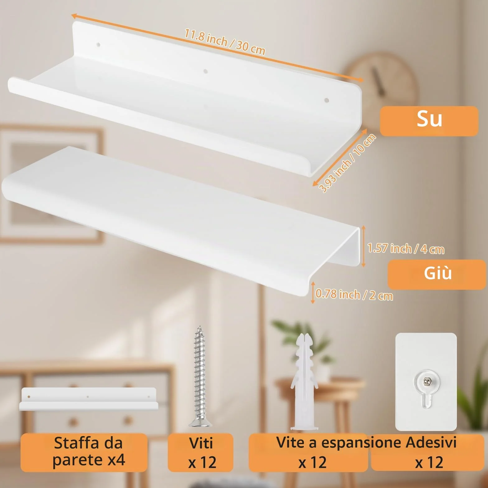 Gucass 4 Pezzi Acrilico Mensole da Muro Senza Foratura, Bianco Mensole da Parete 30cm, Mensola Adesiva Floating Shelves, per Cameretta, Bagno, Cucina, Salotto, Camera, Studio