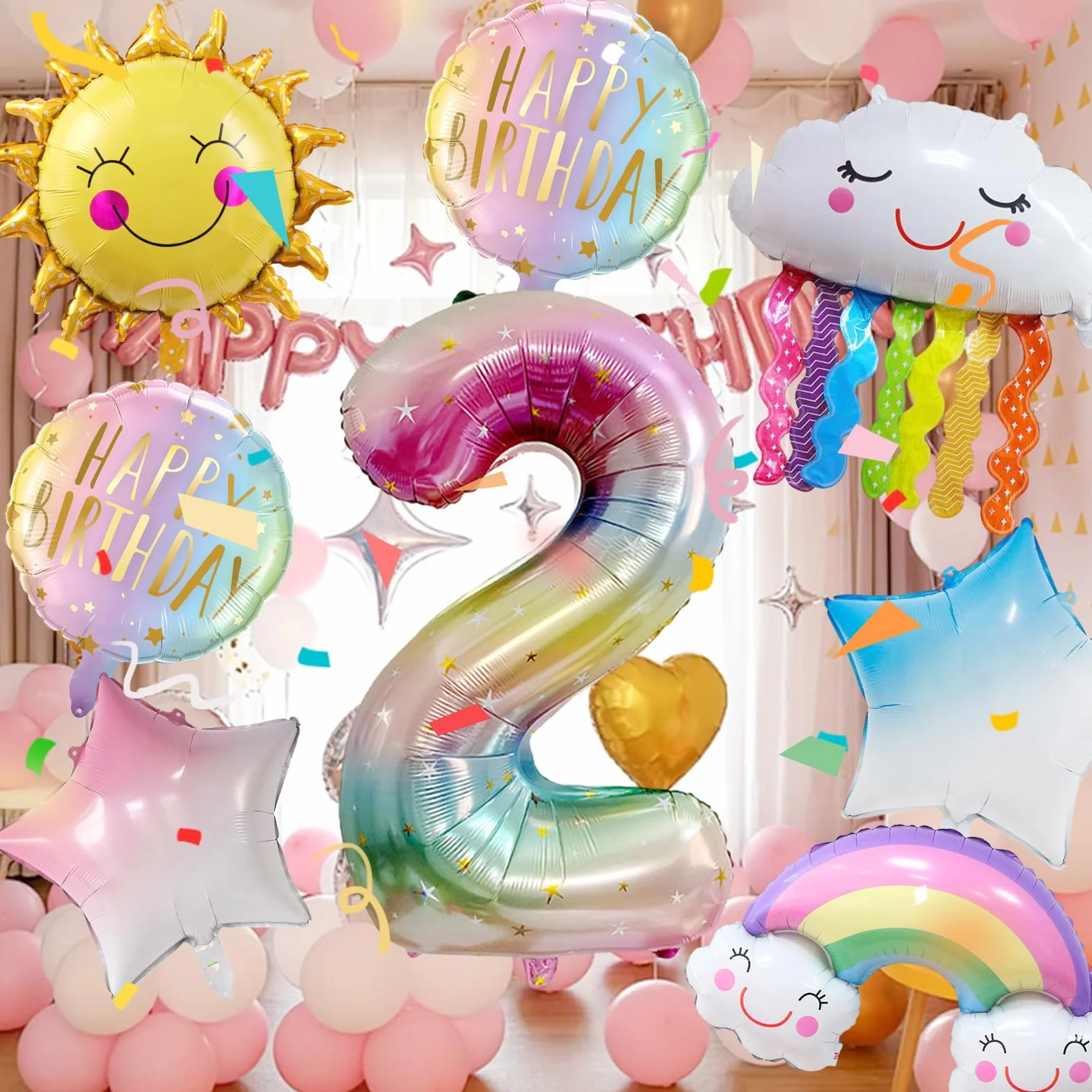 Palloncini Arcobaleno 2 Anni 8 Pezzi, Palloncino Foil Compleanno Bambina