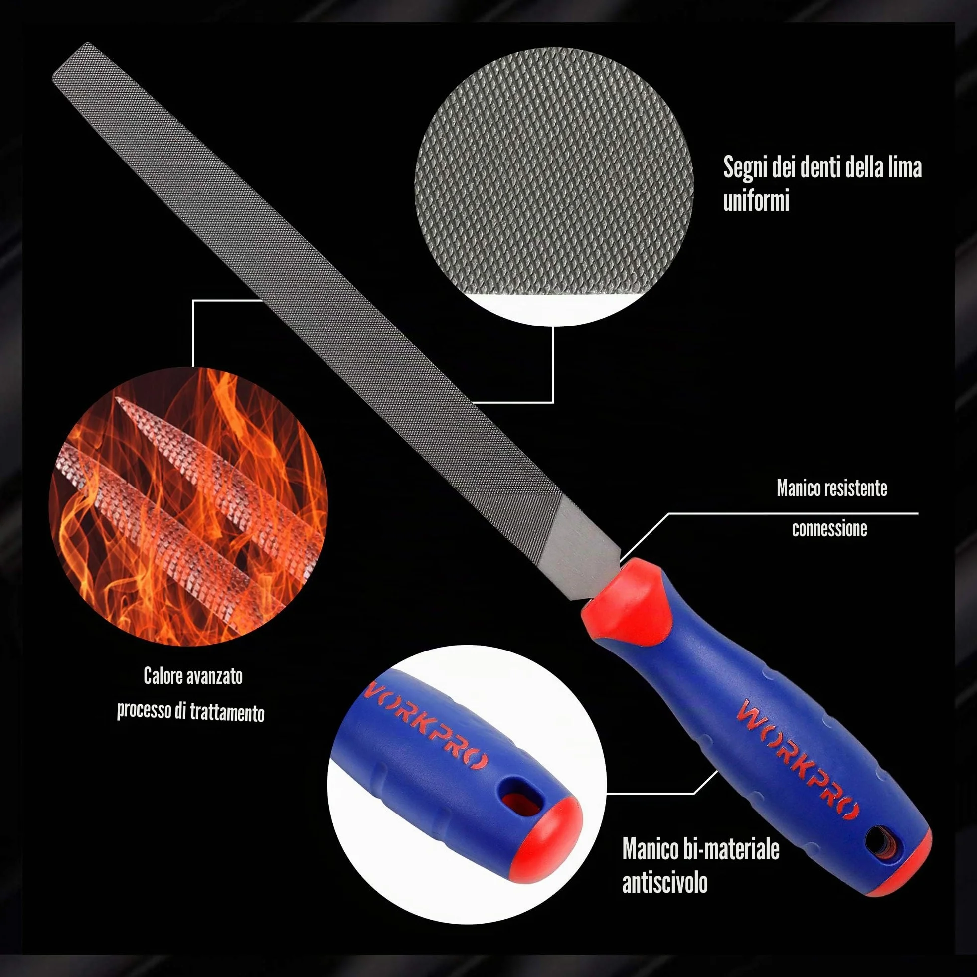 WORKPRO Lime e Raspe Set per Legno 6 Pezzi Triangolare, Piatta, Tonda, Semitonda 200mm