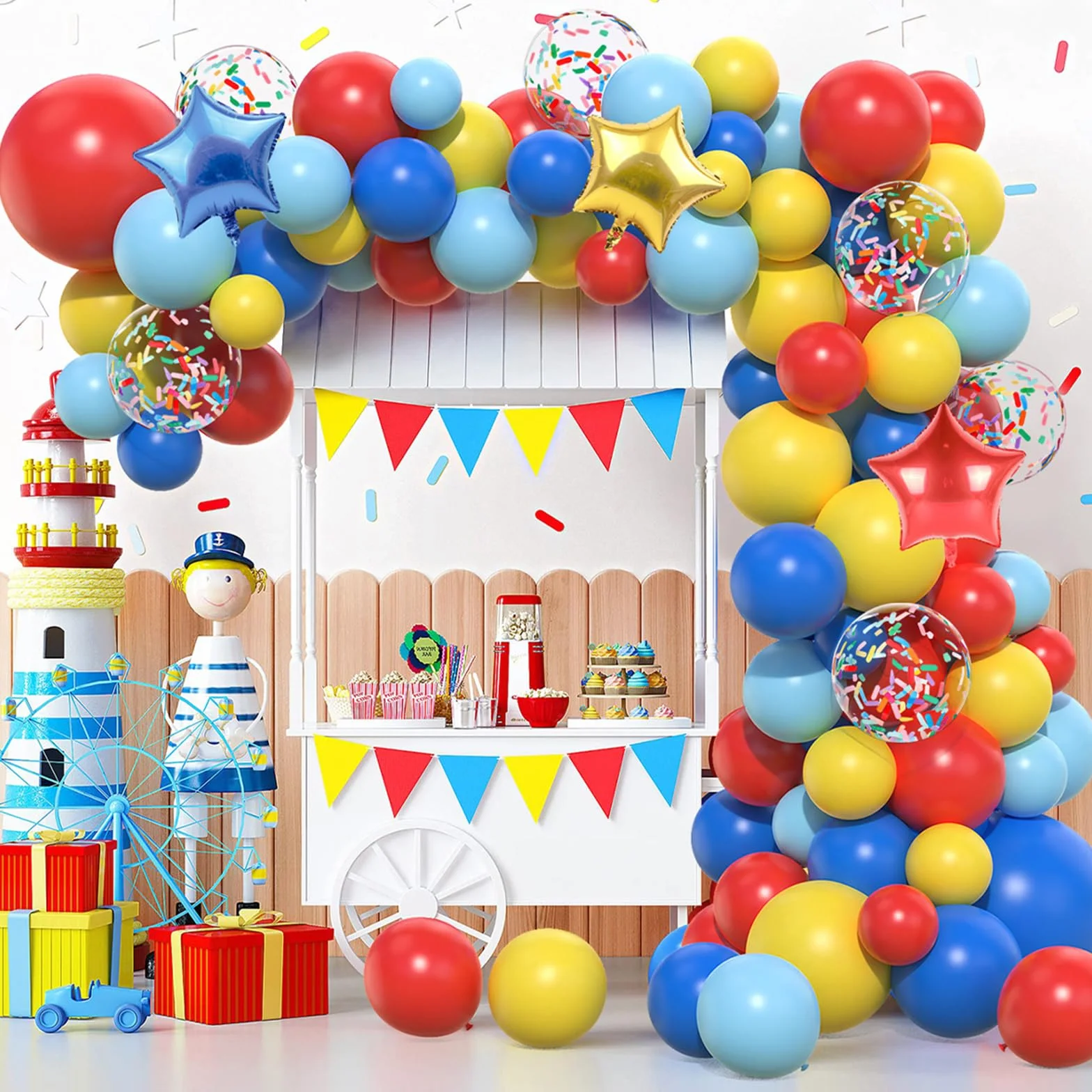 Kit Arco Palloncini Rosso Blu Giallo, 106pcs Ghirlanda Palloncini Circo Carnevale con Palloncini Foil Stella Palloncini Coriandoli Multicolori per Compleanno Circo Carnevale Baby Shower Decorazioni