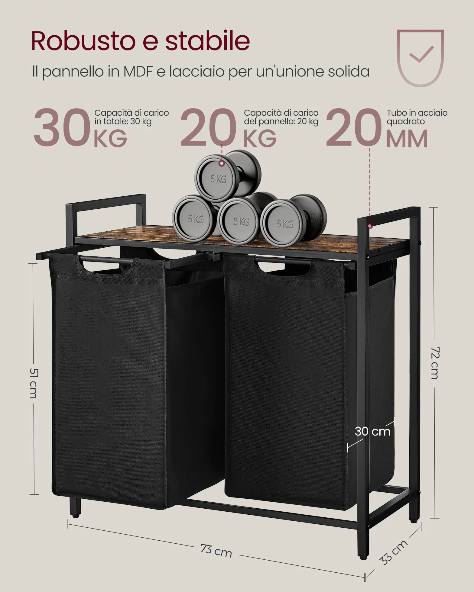 VASAGLE Cesto Portabiancheria, Porta Biancheria, 2 Sacchi in Tessuto Rimovibili, Piano d’Appoggio, Metallo, 2 x 46 L, 73 x 33 x 72 cm, Nero Inchiostro e Marrone Vintage BLH201B01