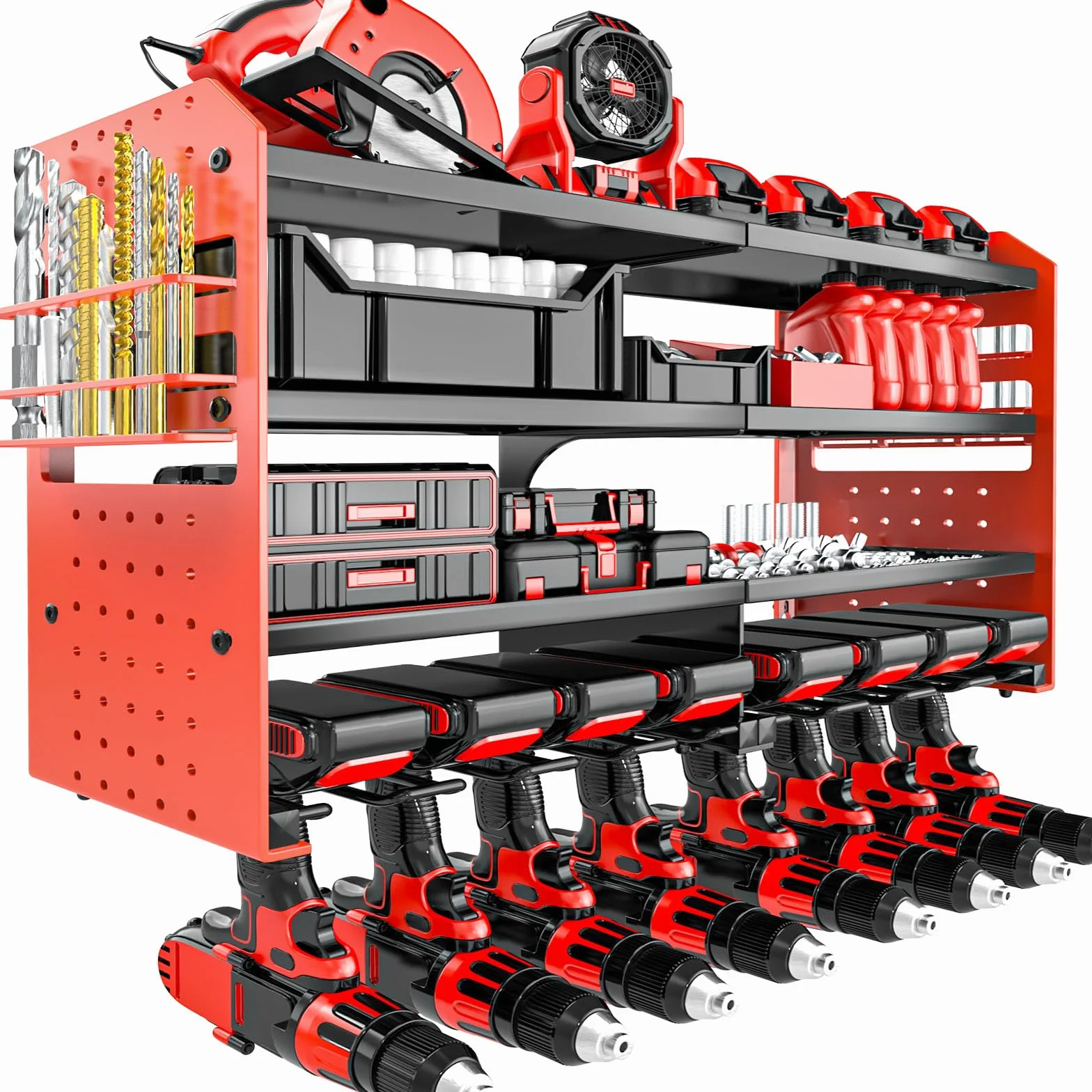 Organizzatore per attrezzi da parete, supporto per trapano a percussione, scaffale portautensili in metallo, organizer pesante per garage e officina con supporto laterale per cacciavite per garage e