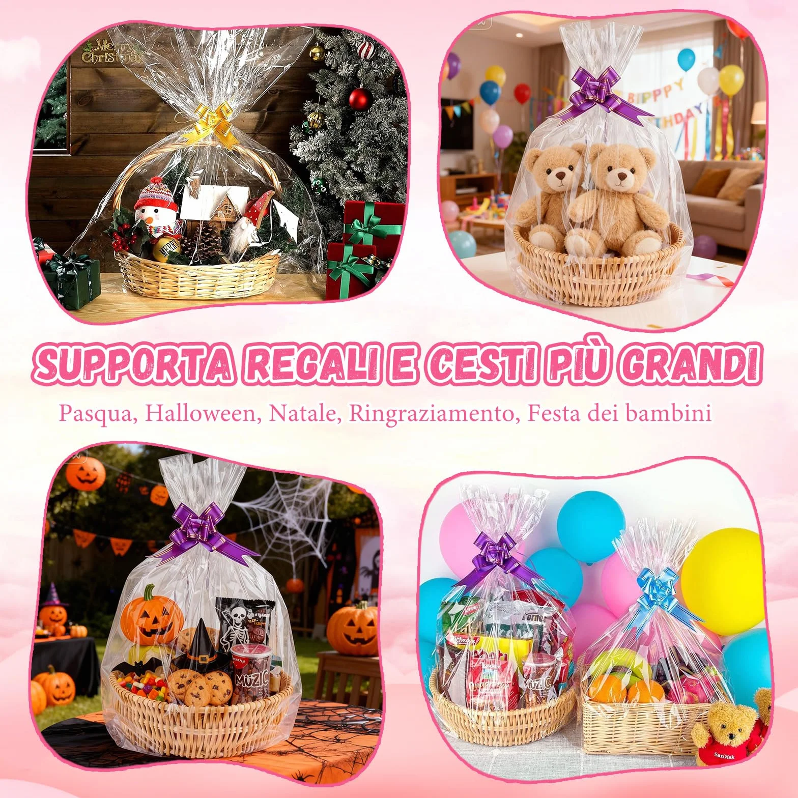 5 Pezzi Fogli Cellophane Trasparente Per Confezioni, 5 Fiocchi, 75×100 cm Cellophane, Carta Cesti Trasparente,per Cesti Regalo,per Regali, Cesti Regalo, Fiori, Artigianato, Dolcetti, Matrimoni