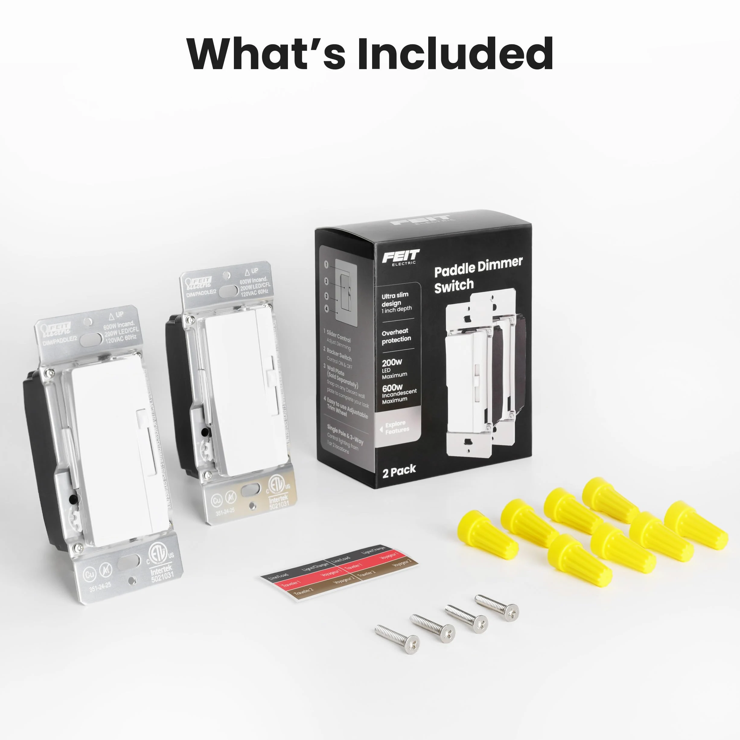 Feit Electric 2 interruttori dimmer per lampadine a LED dimmerabili, interruttore a levetta singolo o 3 vie, piastra a muro e montaggio dadi metallici, DIM/Paddle/2
