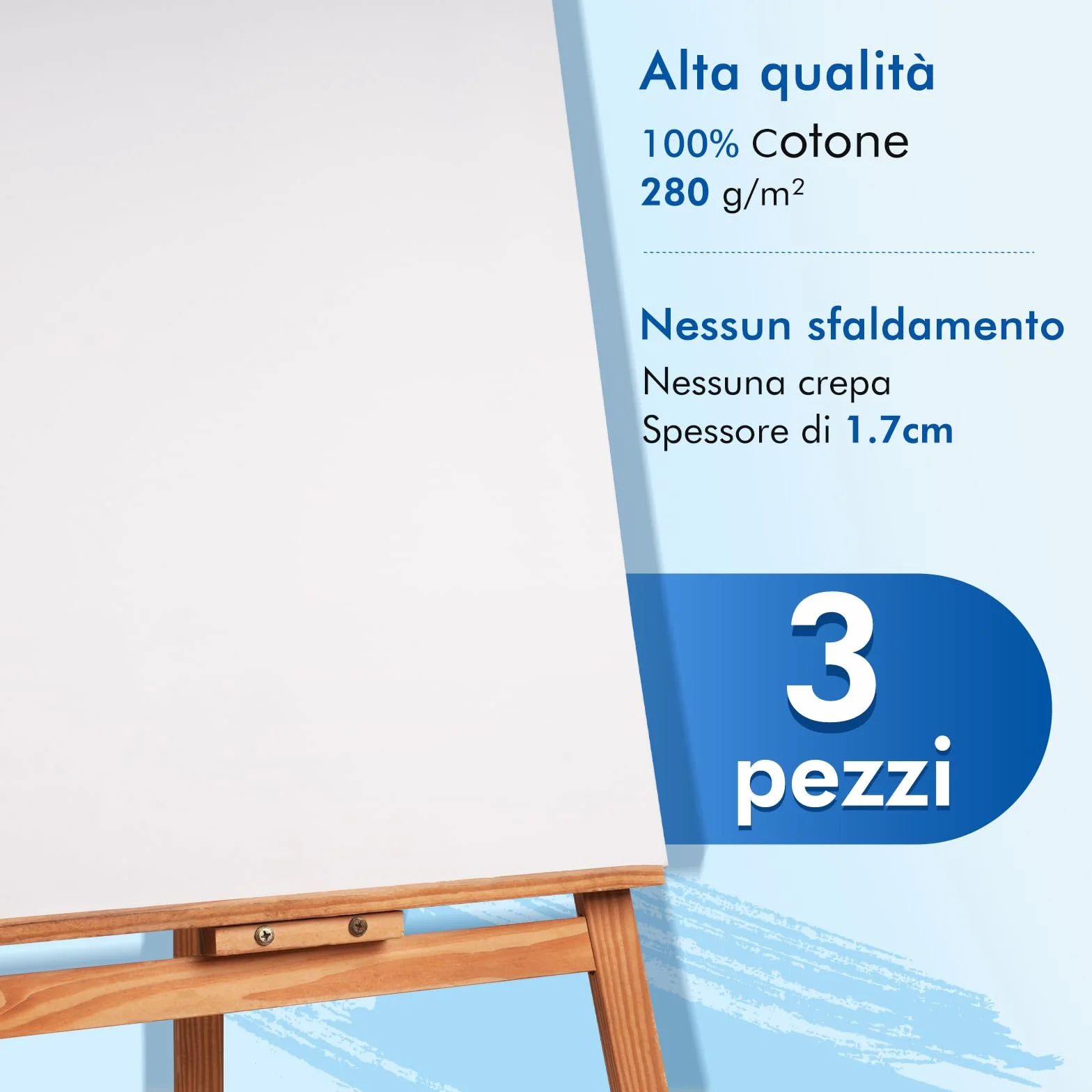 Tela da Dipingere 50 x 70 cm - Set di 3 Tele Bianche per Artisti, 100% Cotone, 280 g/m², Legno Certificato FSC, Spessore 1.7 cm, Tela Bianca per Pittura, Telo per Colori Acrilici, ad Olio, Tempere
