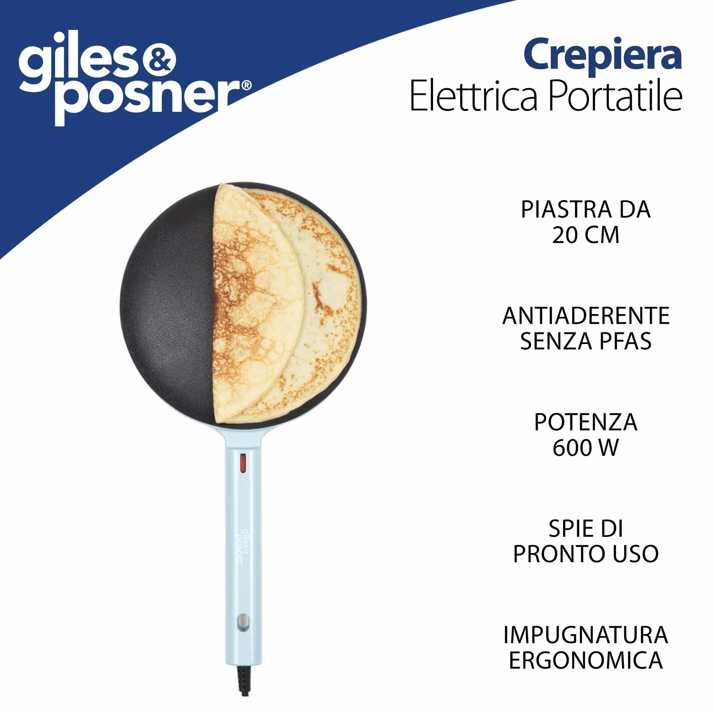 Giles & Posner Pancake Maker portatile – Piastra in alluminio da 20 cm, Rivestimento antiaderente senza PFAS, Spie di pronto uso, Crêpes istantanee, Con manico, Ciotola per pastella, 600W, Blu