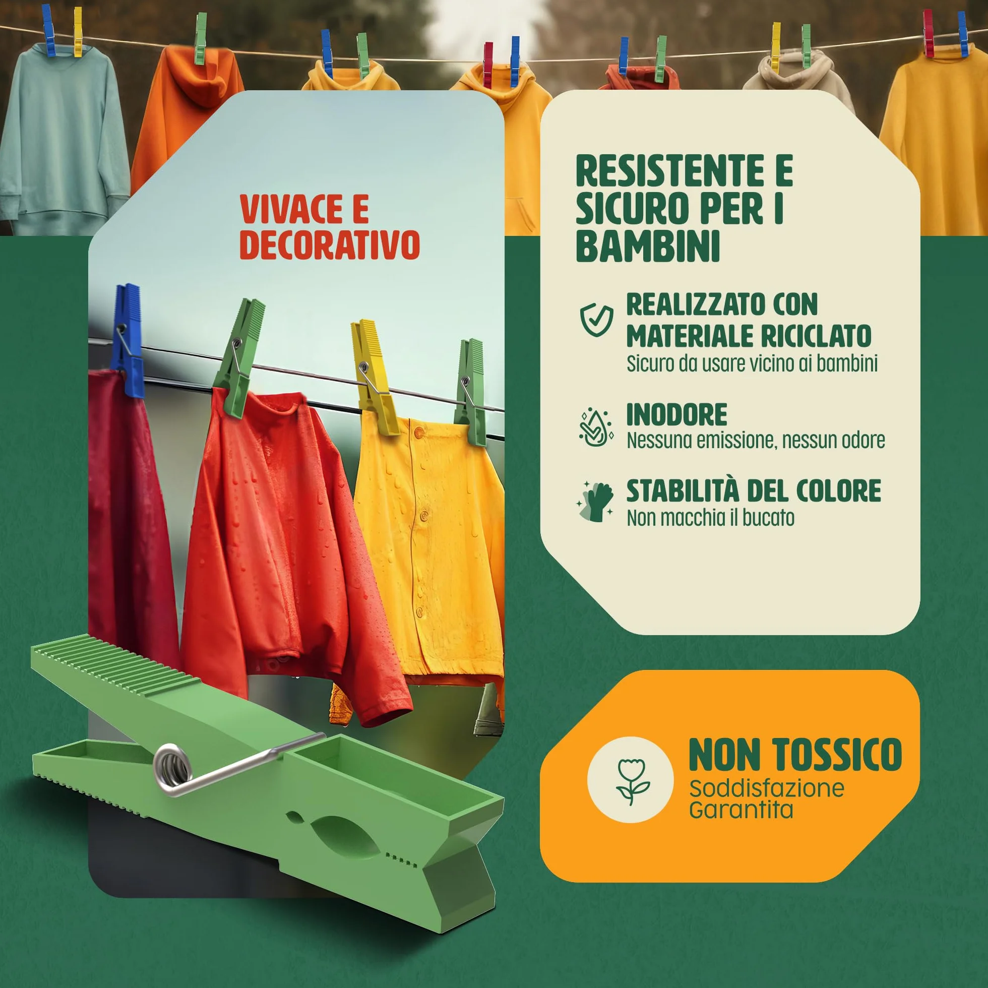 PORTENTUM Mollette in Plastica Riciclata, Confezione da 40, Multicolore - Mollette per Bucato Resistenti all'Esterno, Multiuso e Non Lasciano Segni, Dimensioni 7,5 x 1 x 2 cm