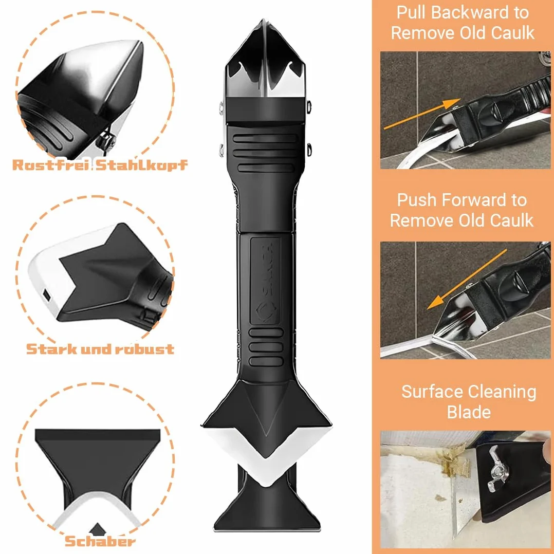 1 Raschietto Silicone Professionale 5 in 1 con 4 Testine, Kit Strumento per Calafataggio e Rimozione, Ideale per Piastrelle, Vetro, Piani di Lavoro in Cucina e Bagno