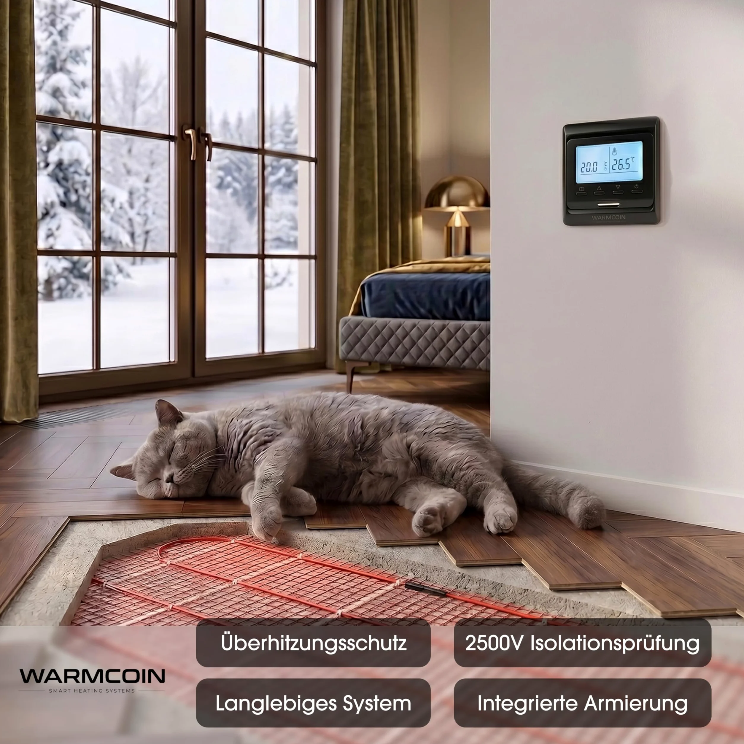 Kit Riscaldamento a Pavimento Elettrico 160W/m² – Stuoia Autoadesiva 1,0 m² (0,5x2m) – Piastrelle, Laminato, Vinile – Con Cronotermostato LCD Programmabile W51 Nero