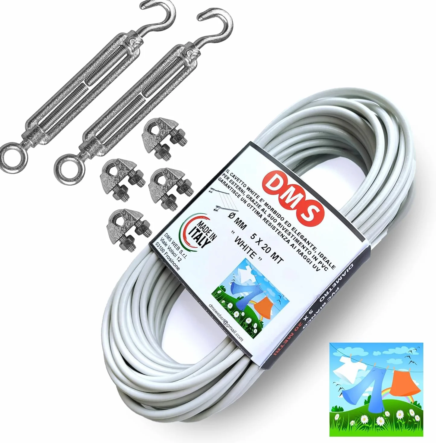 DMS Filo per stendere il bucato da esterno 20Mt - diametro mm 5. Resistente. Cavetto in acciao rivestito, stendibiancheria Prodotto Italiano (20 MT)