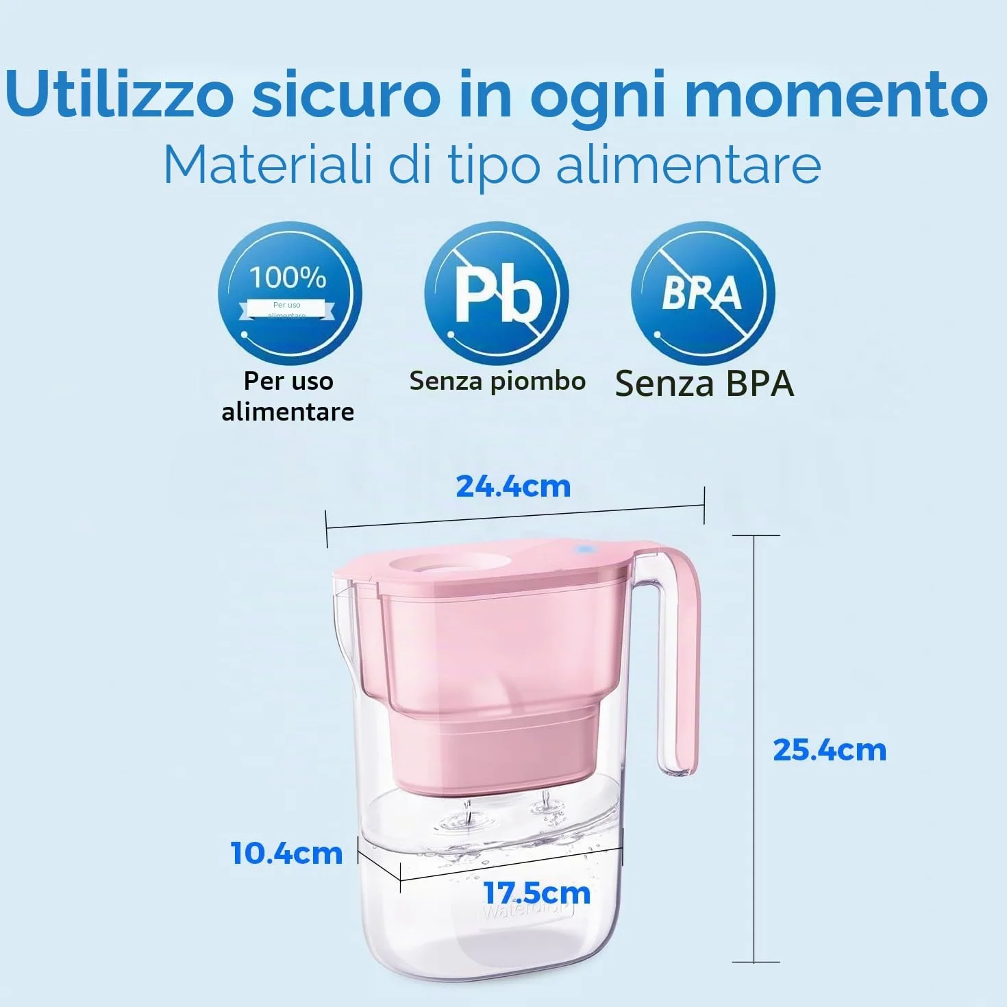 Waterdrop Elfin 2.5L Caraffa Filtrante per Frigorifero NSF Certificato, Riduce Piombo Fluoro Cloro, Senza BPA, Rosa