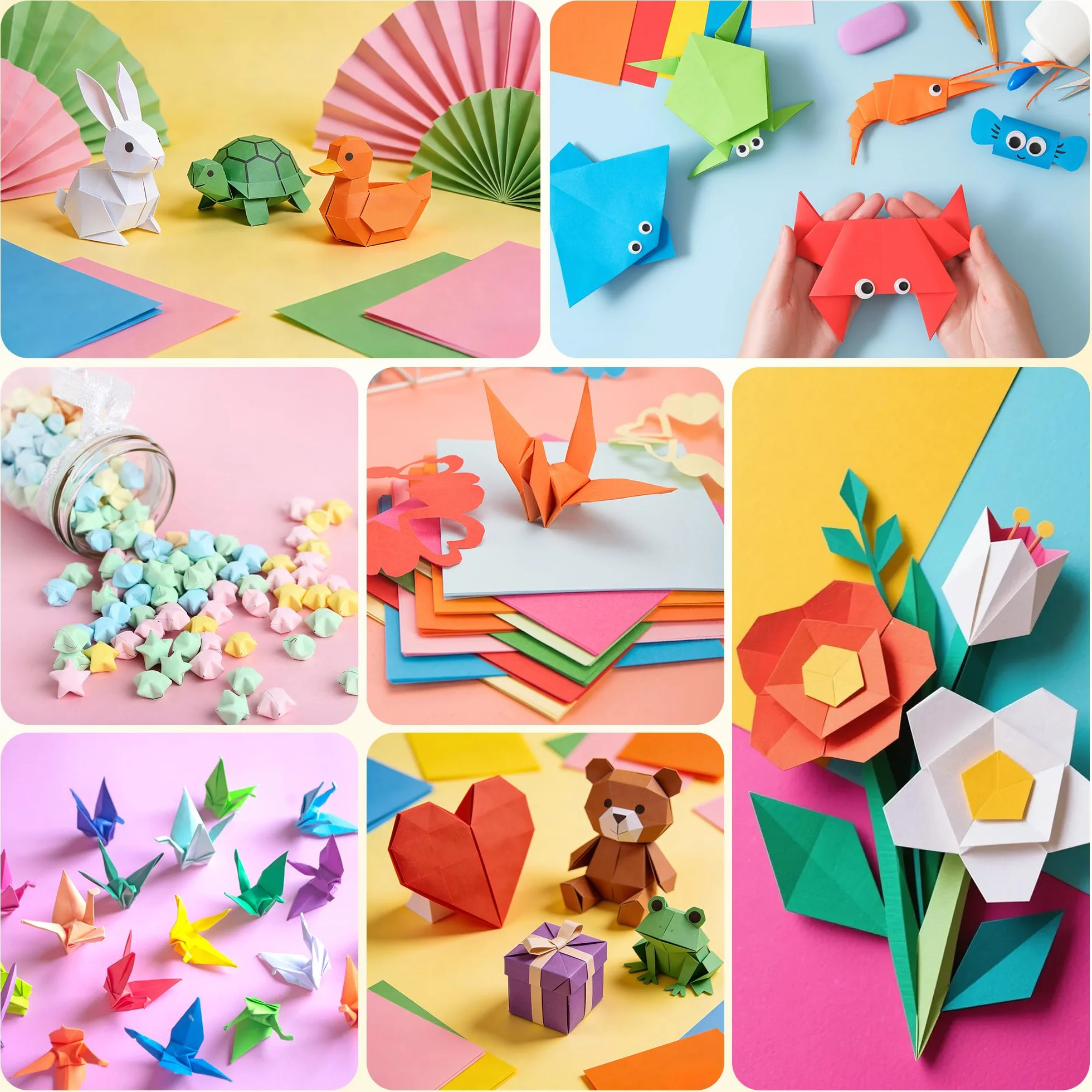 840 Fogli di Carta Origami, 20 Colori, Cartoncini Colorati Bifacciale (Quadrato da 10 cm/15 cm/20 cm + Striscia), Carta Artigianale Pieghevole per Origami Fai Da Te e Progetti Artistici Scuol