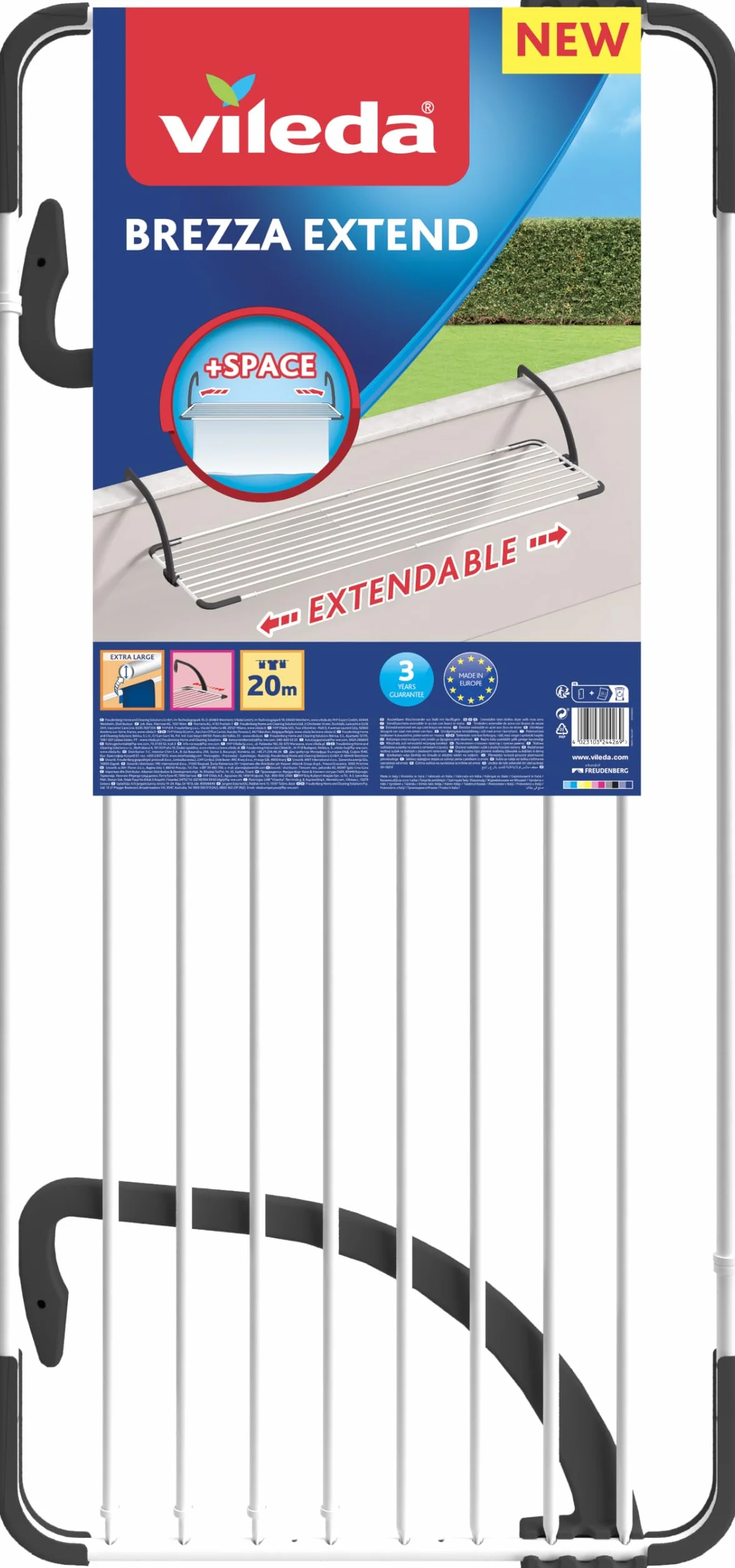 Vileda Brezza Extend Stendibiancheria Estensibile In Acciaio E Resina, Da Balcone, Spazio Stenditura 20 mt, 188 x 55 x 30 cm