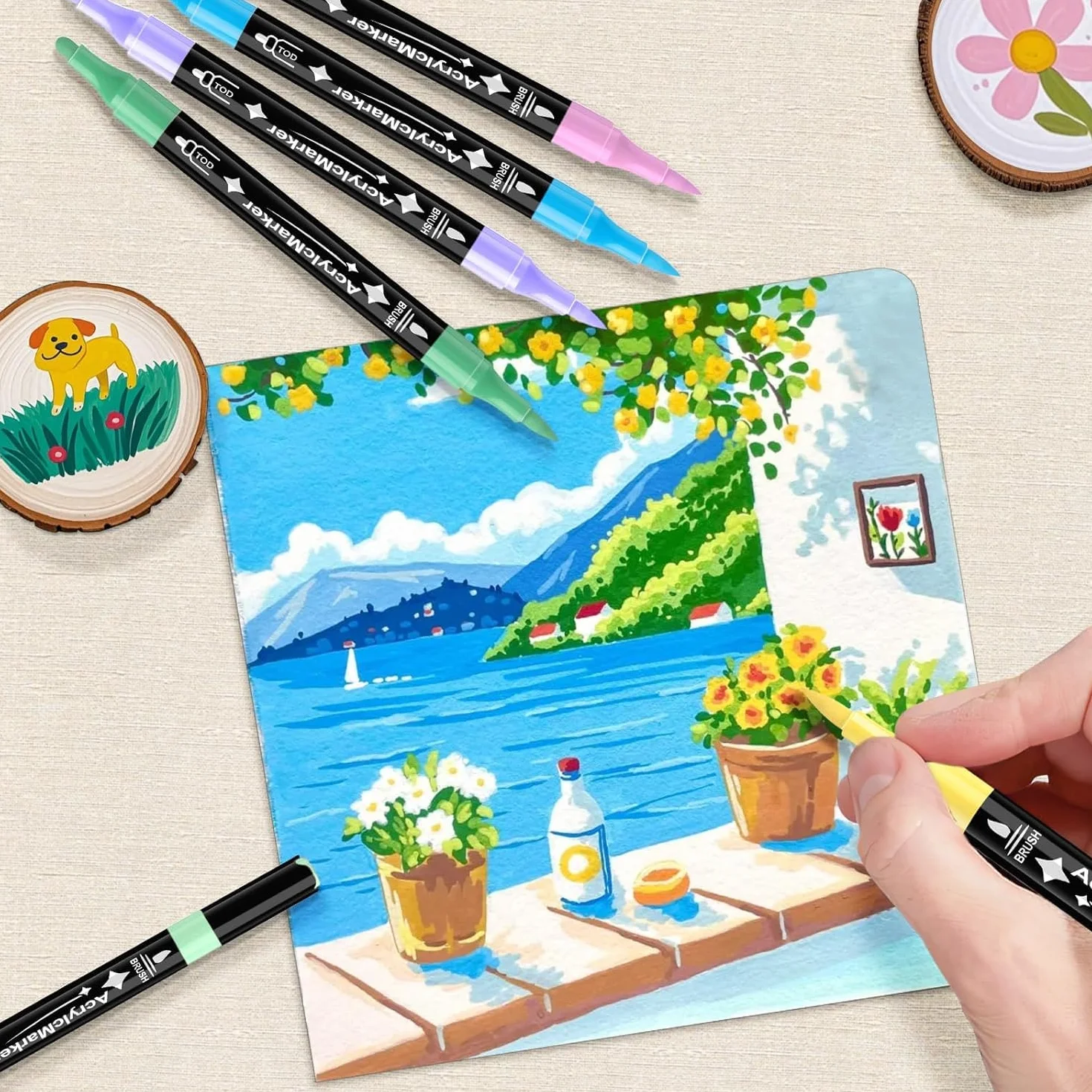 24 Colori Pennarelli Acrilici Doppia Punta,Set di Pennarelli a Punta fine e Media,Acrylic Marker Ad Acqua per Dipingere Sassi, Colorazione, Legno, Vetro, Tessuti, Pittura