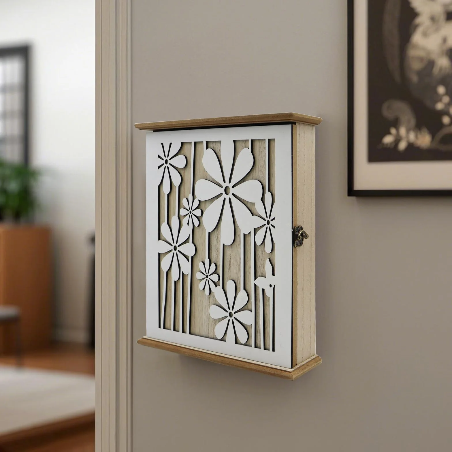Cassetta Portachiavi da Parete in Legno con 6 Ganci 28.5x22x7cm