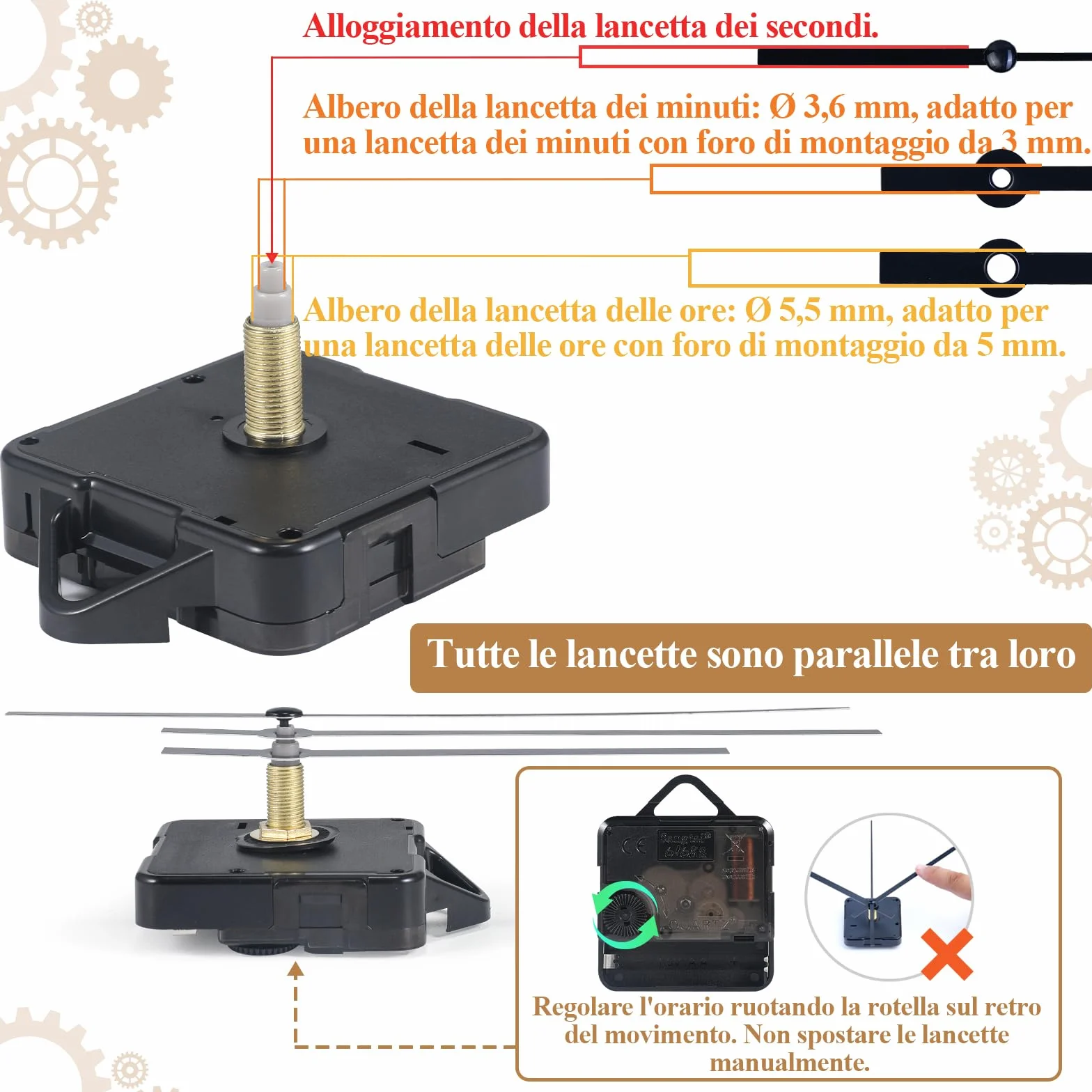 LUSEE Movimento Meccanismo Orologio da Parete con 1 Set di Lancette Orologio per Parti Riparazione dell'Orologio Parete Sostituzione (Lunghezza dell'asse: 24 mm / 0,94 Pollici)