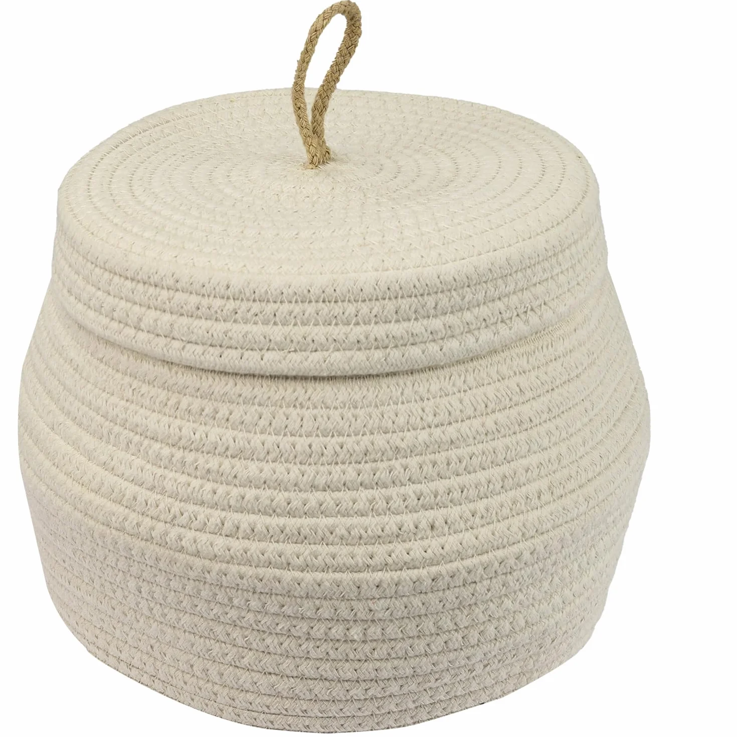 HMF Cesto portaoggetti rotondo per il bagno, con coperchio in cotone, altezza 25,5 x 19 cm, colore crema