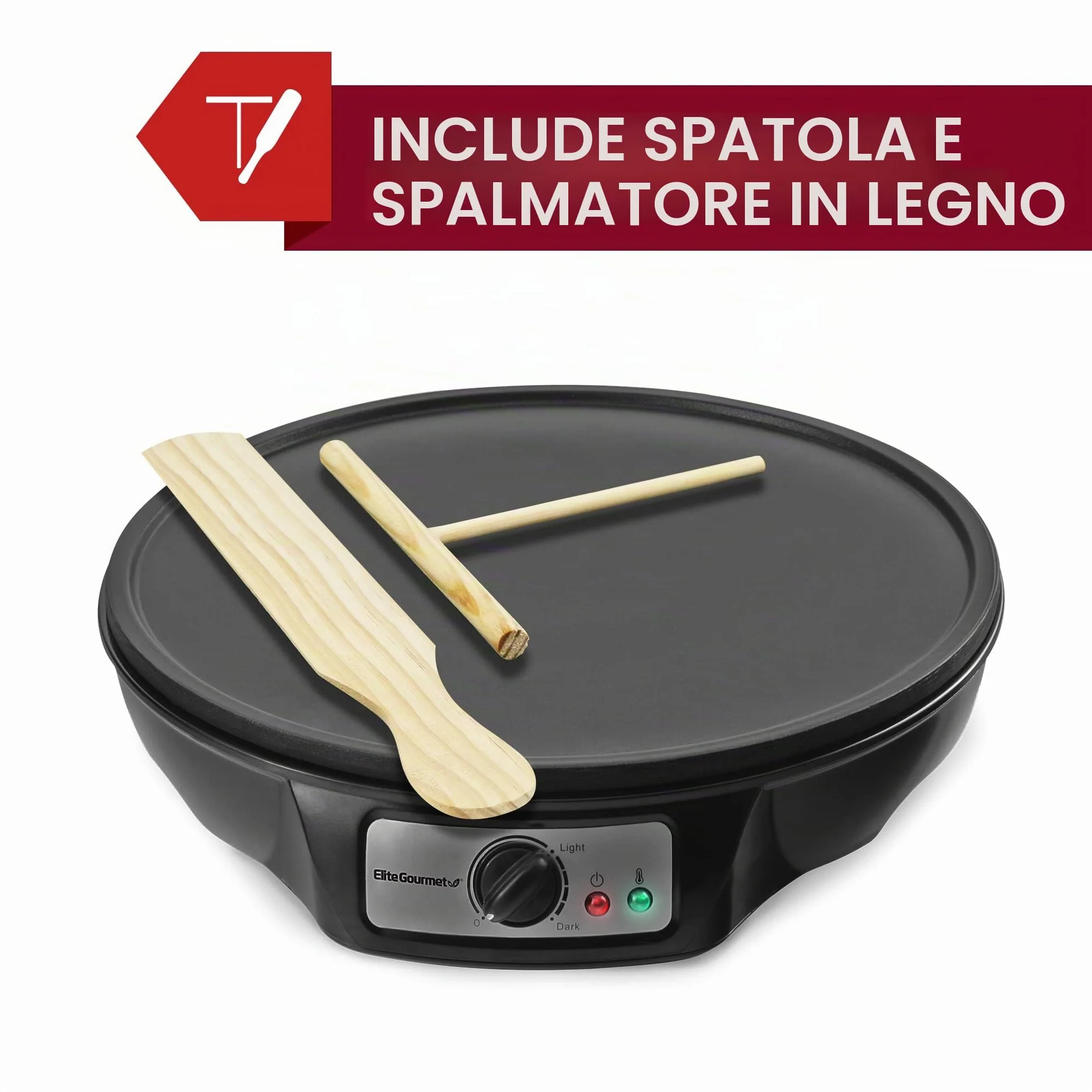 Elite Gourmet, Crepiera elettrica ECP-126 per crêpes, pancake, torte, piastra antiaderente, con spargitore, spatola e ricette, lingua italiana non garantita, 30,5 cm, nero