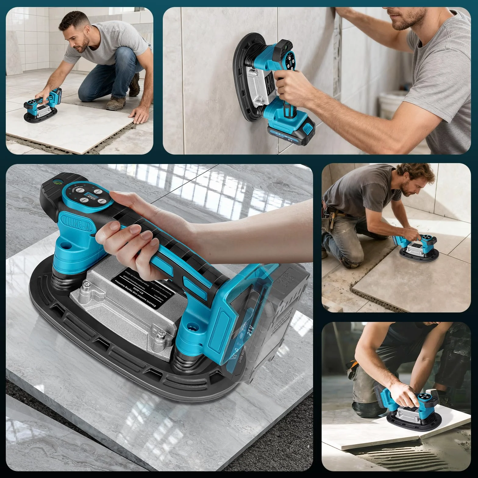 Strumento di vibrazione per piastrelle | con 2x2000mAh Batterie | ventosa da 22,5 x 12 cm | 250KG di Forza di Aspirazione | 9 velocità regolabili | Strumento oscillante per piastrelle